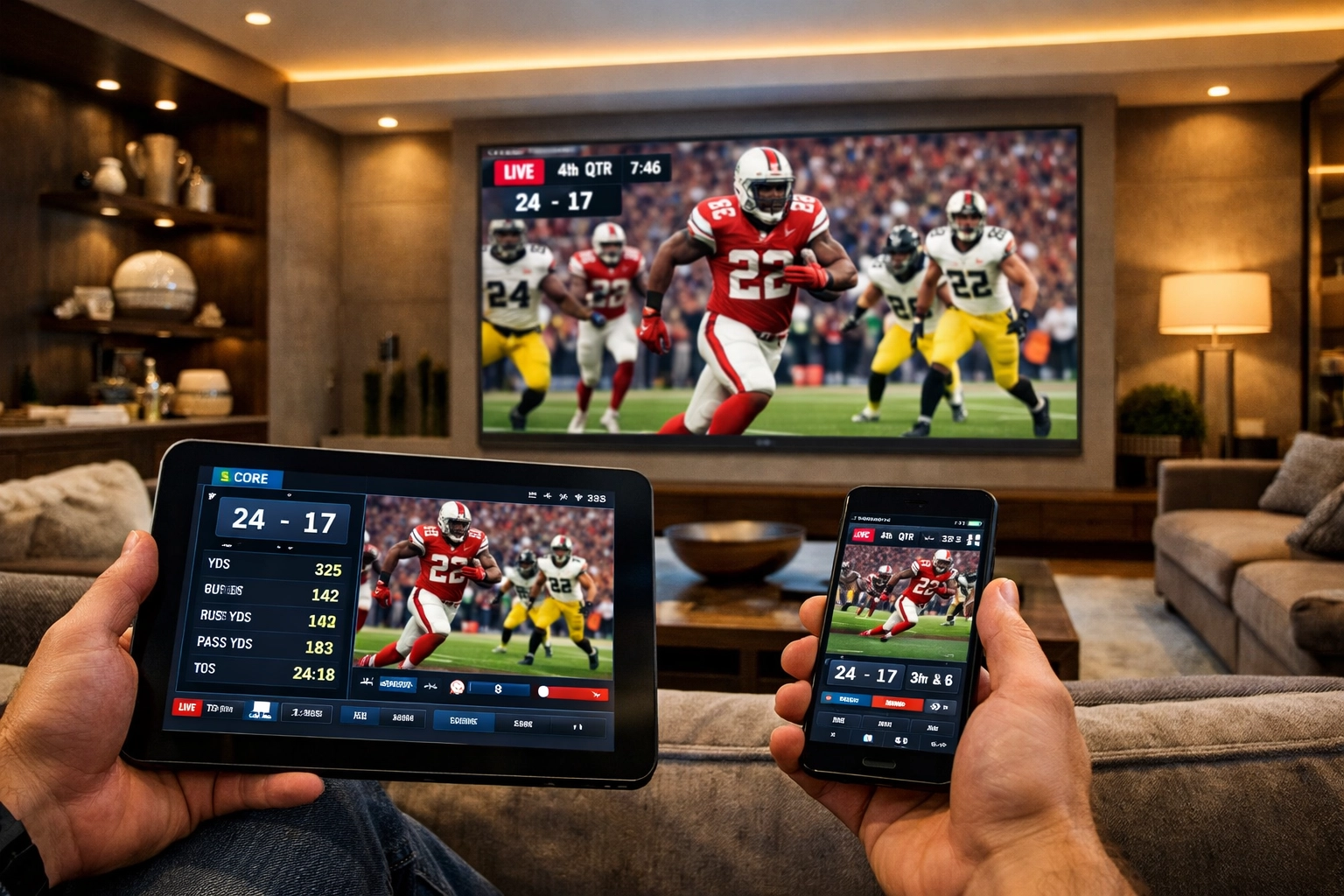 Multi-channel sports broadcasting on television and mobile devices showing unified digital operations.