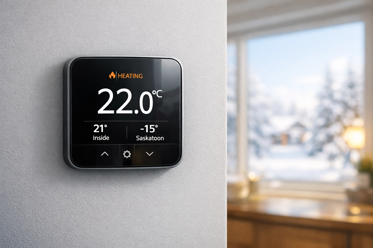 Digital thermostat in a warm rental unit during a Saskatoon winter, meeting Office of Residential Tenancies standards.