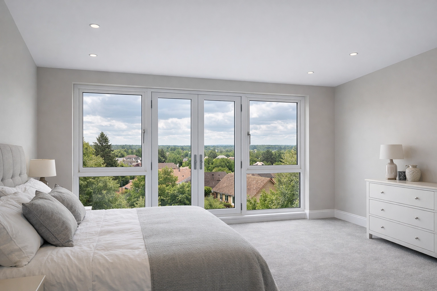 Modern master bedroom in a rear dormer loft conversion showing increased floor space and head height.