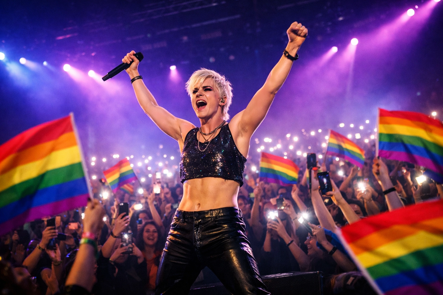 Queer pop star performing live on stage with rainbow pride flags in audience