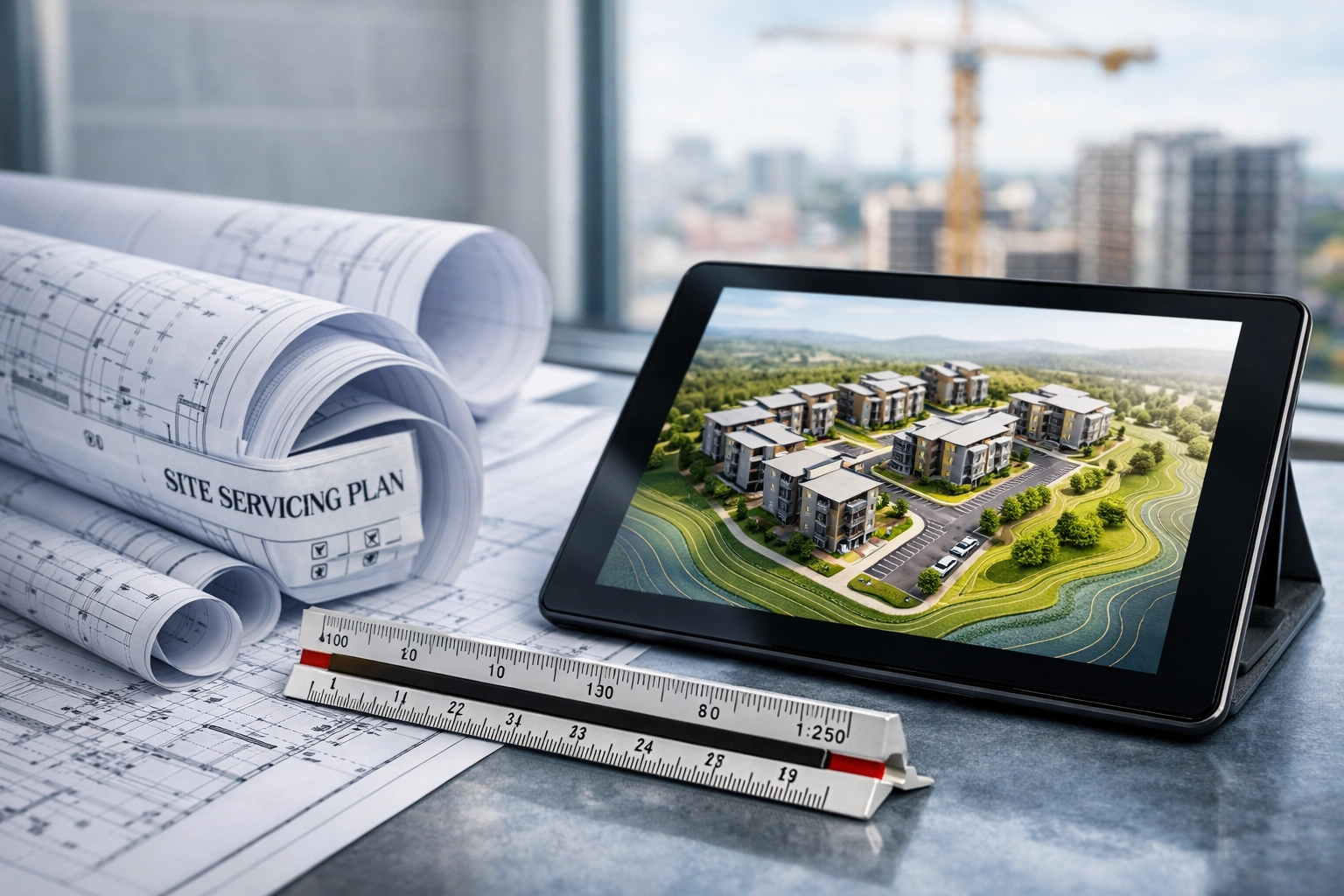 Professional site servicing plans and engineering blueprints for a multiplex development project.