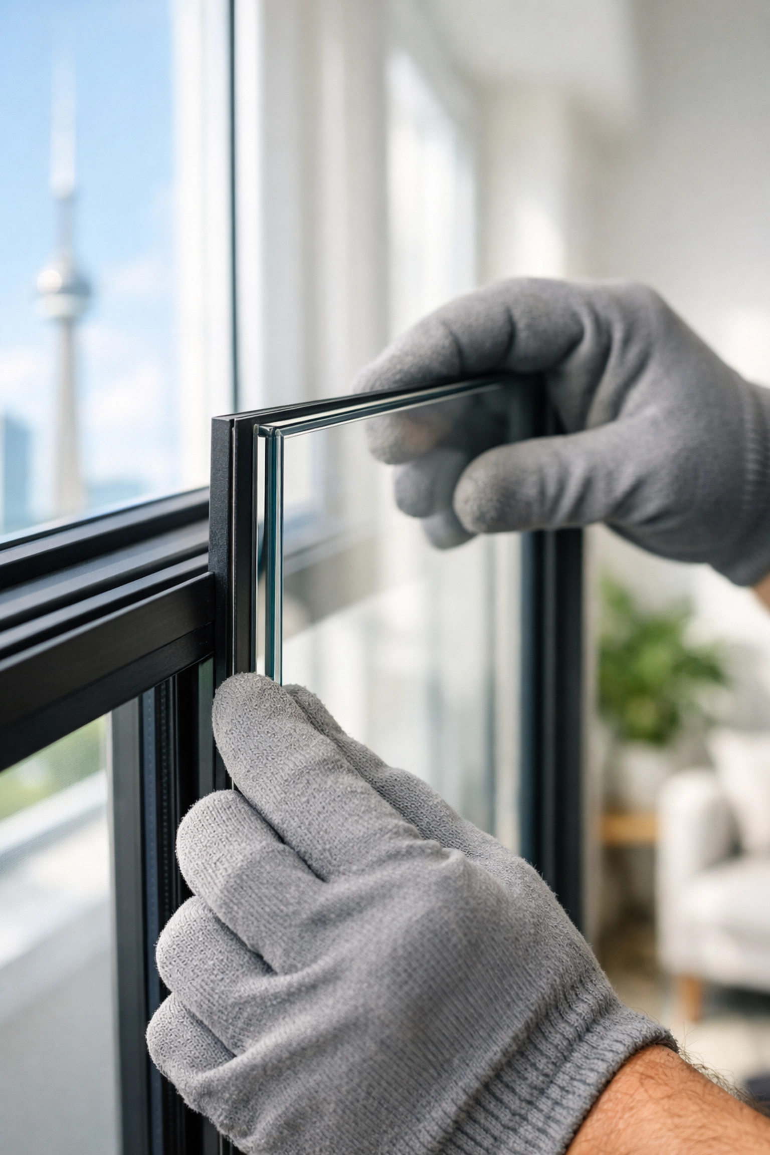 Expert window glass replacement in Toronto showing a new pane being installed into a sturdy frame.