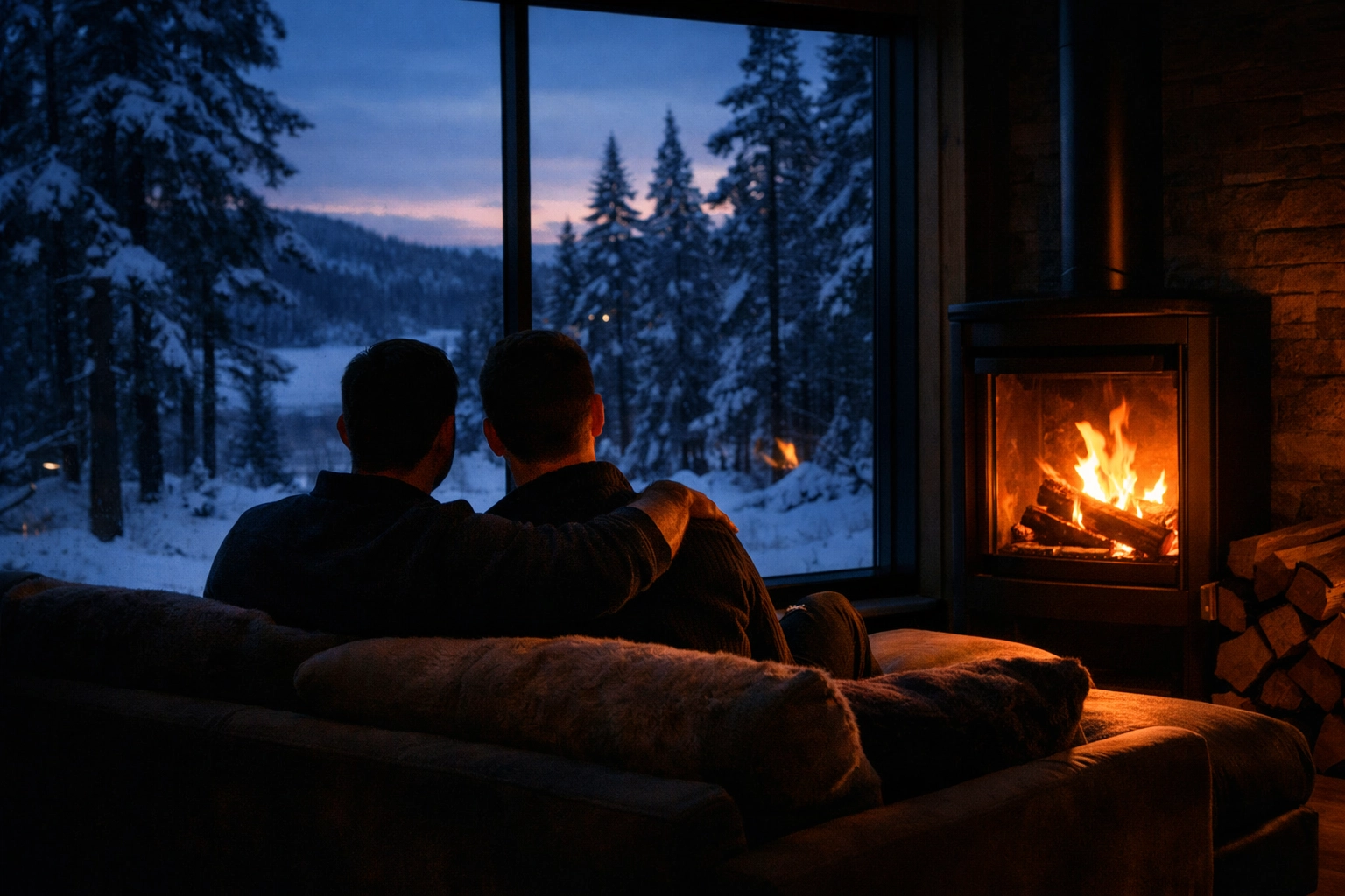 Gay couple relaxing by fireplace in modern winter cabin with forest views
