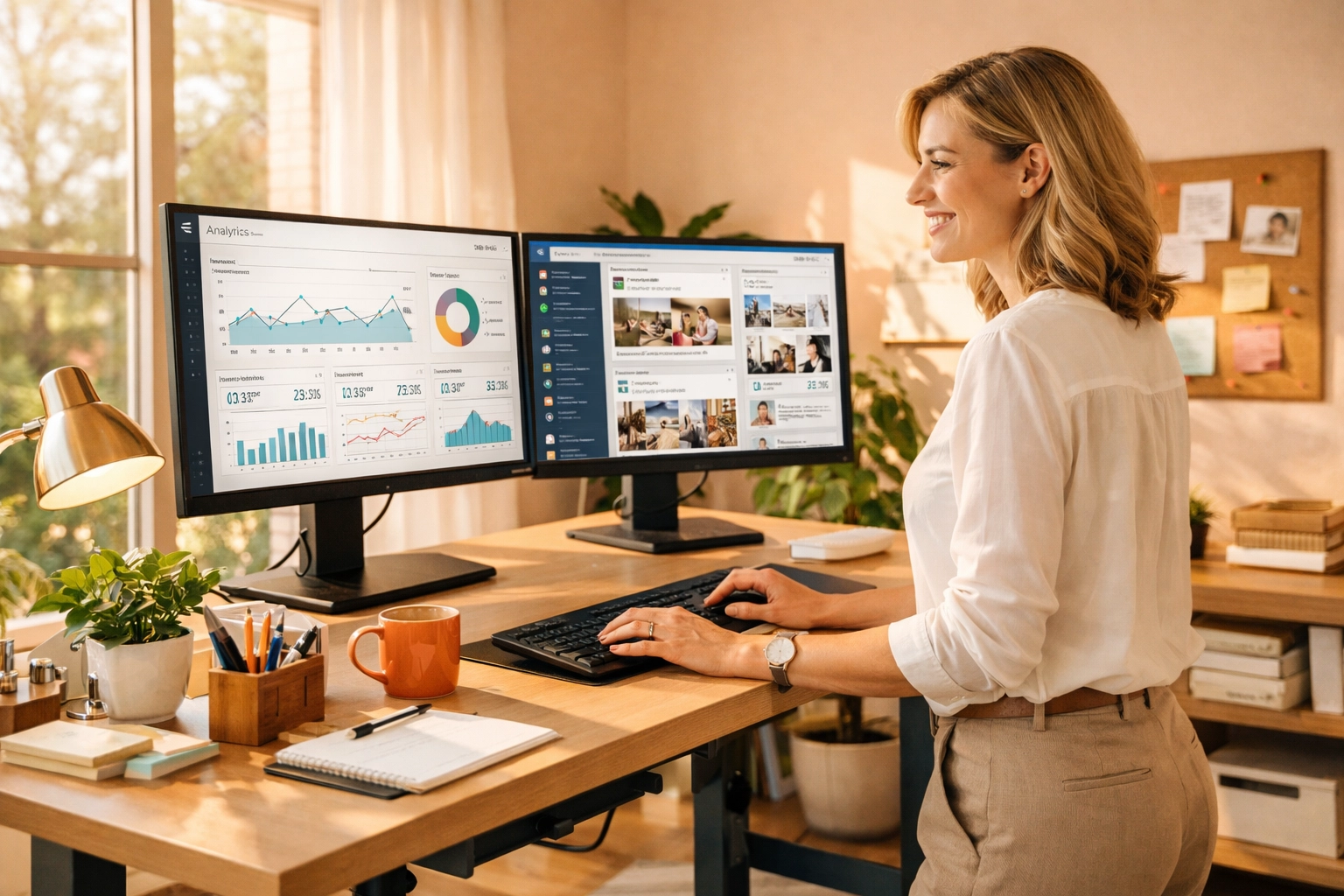Professional managing dual monitors with social media analytics and back office dashboards
