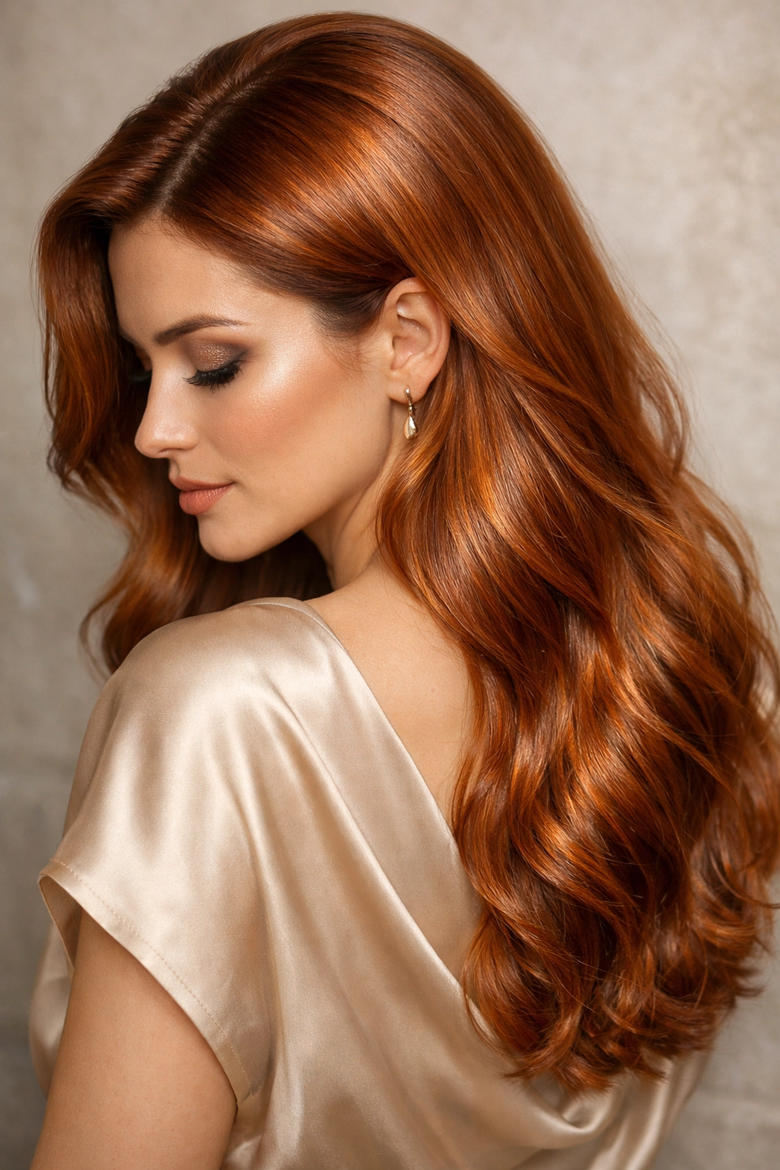 Stunning cowboy copper hair color transformation featuring high-shine and warm tones in Concord NH.