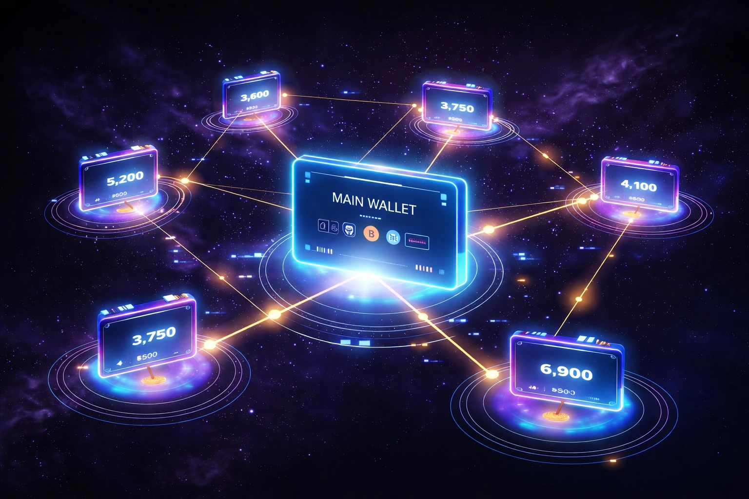 Futuristic digital wallet with interconnected sub-wallets highlighting Larecoin's master wallet system for merchants