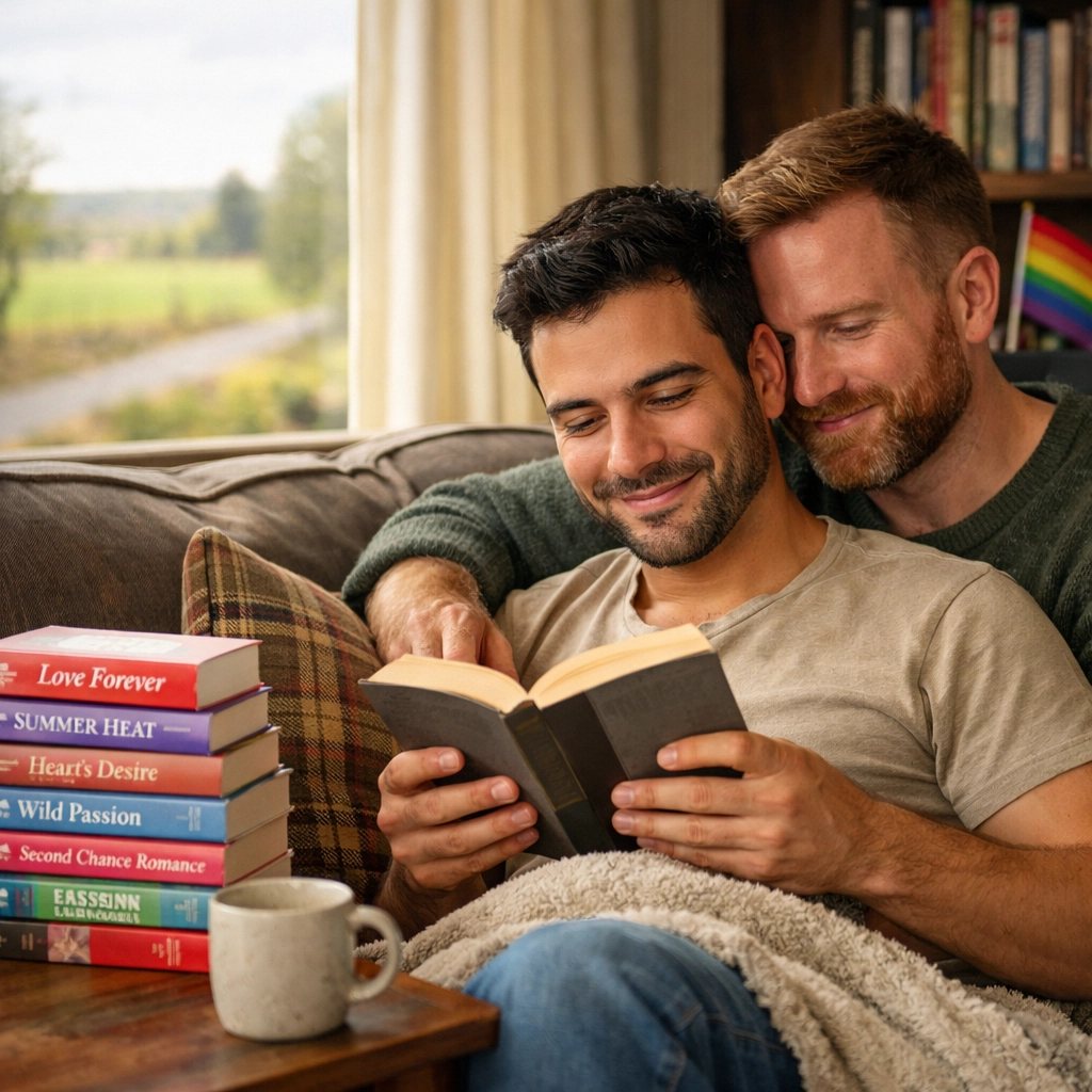 Gay couple reading MM romance books together in cozy rural home