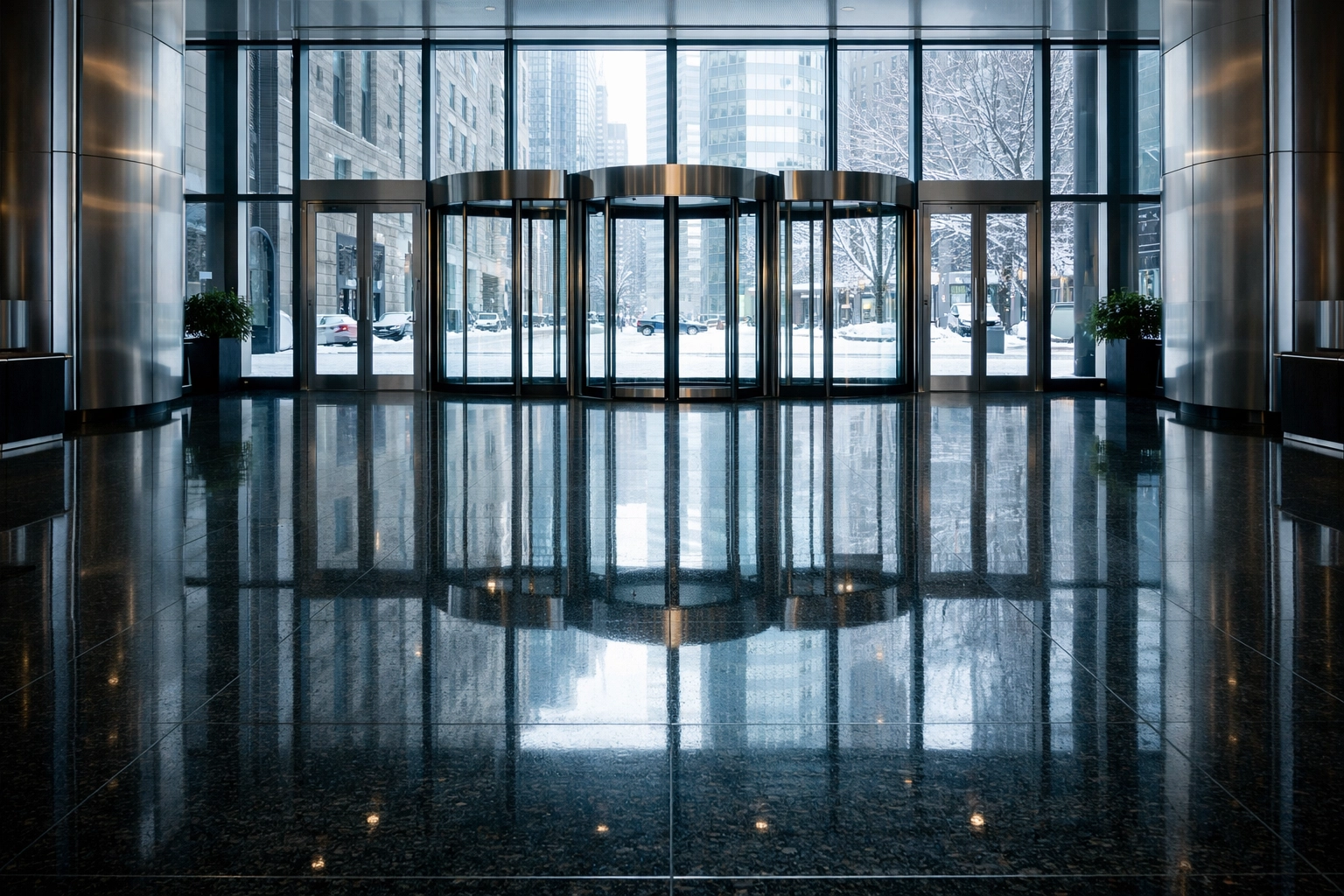 Pristine Chicago office lobby floor cleaned of winter salt residue and slush.