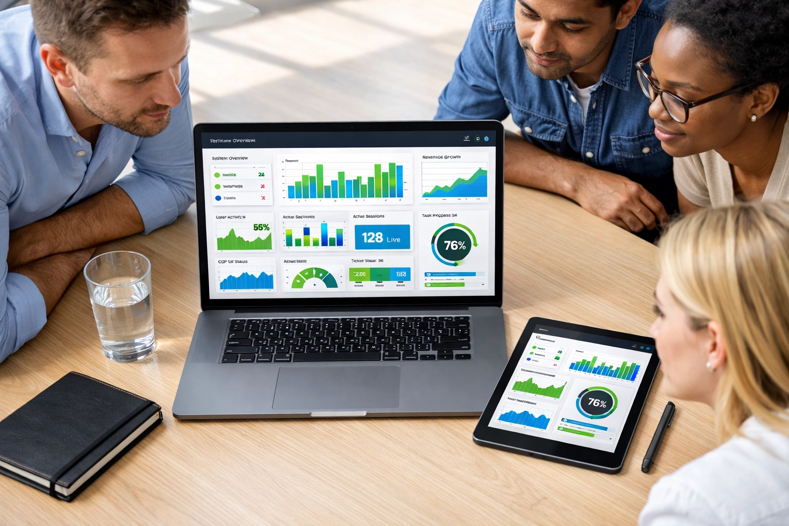 IT professionals reviewing a clean ServiceNow dashboard to maximize ROI through ITOM and OOTB features.