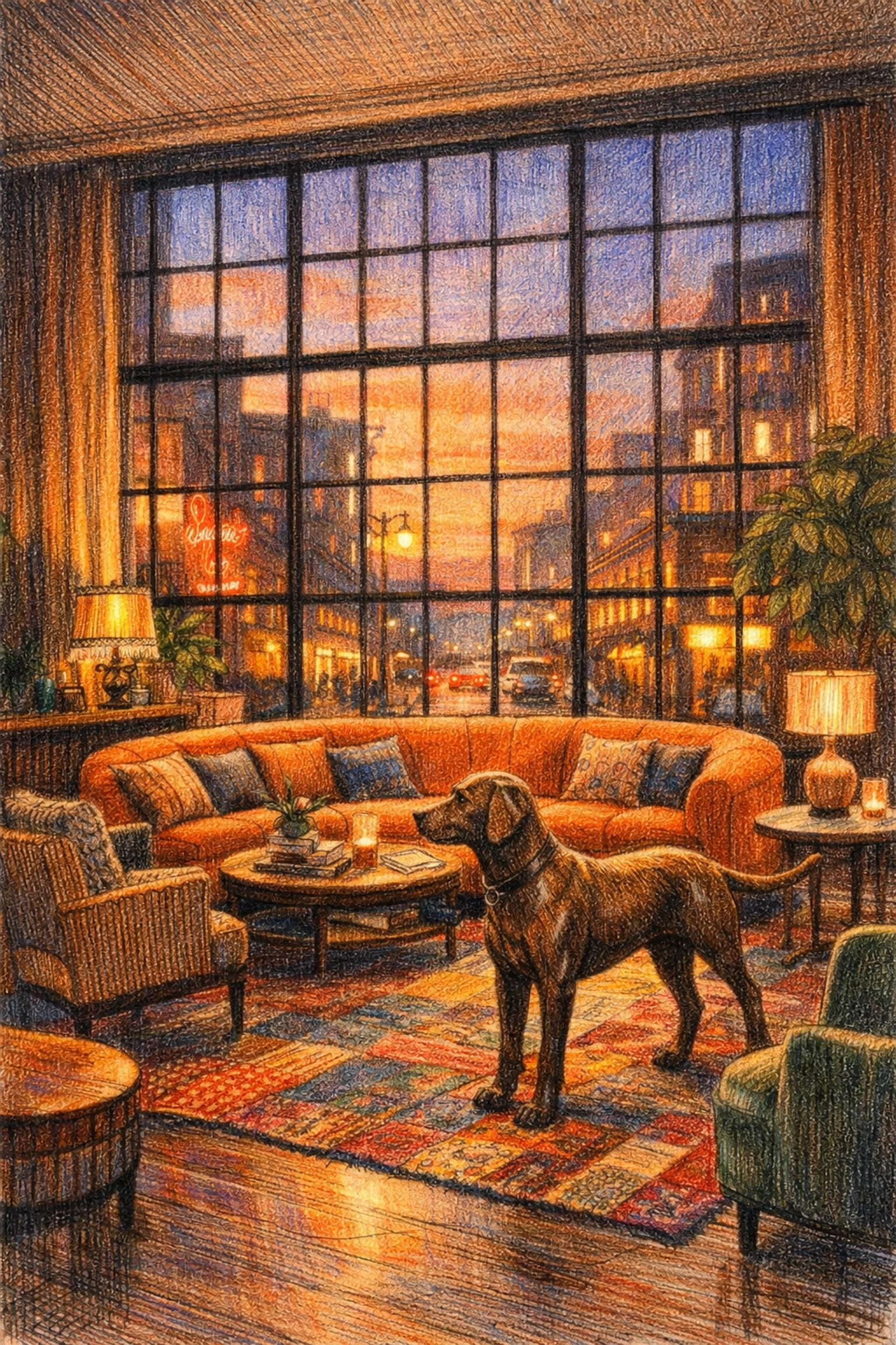 Eclectic boutique hotel lobby with bold sofa, sculptural art, and warm evening light in a city setting