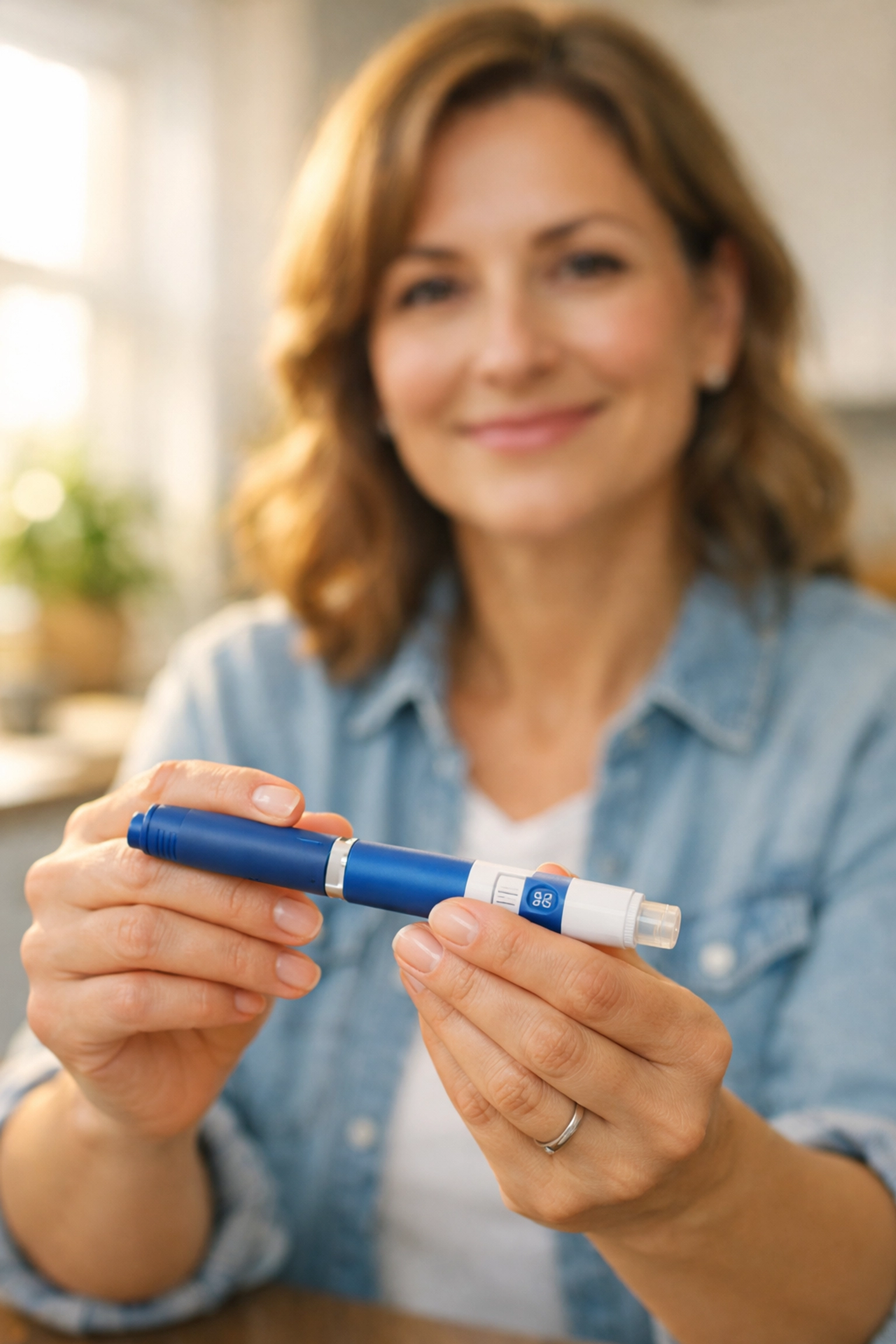 Woman holding weekly injection pen for weight loss treatment at home