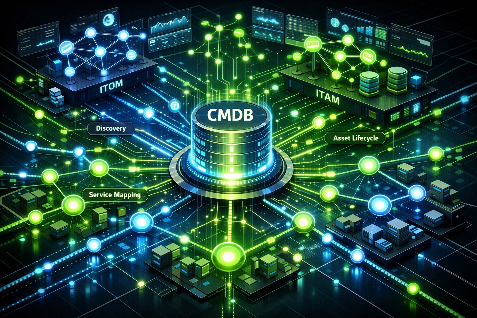 ServiceNow ITOM and ITAM operations dashboard showing CMDB service maps and asset lifecycle management