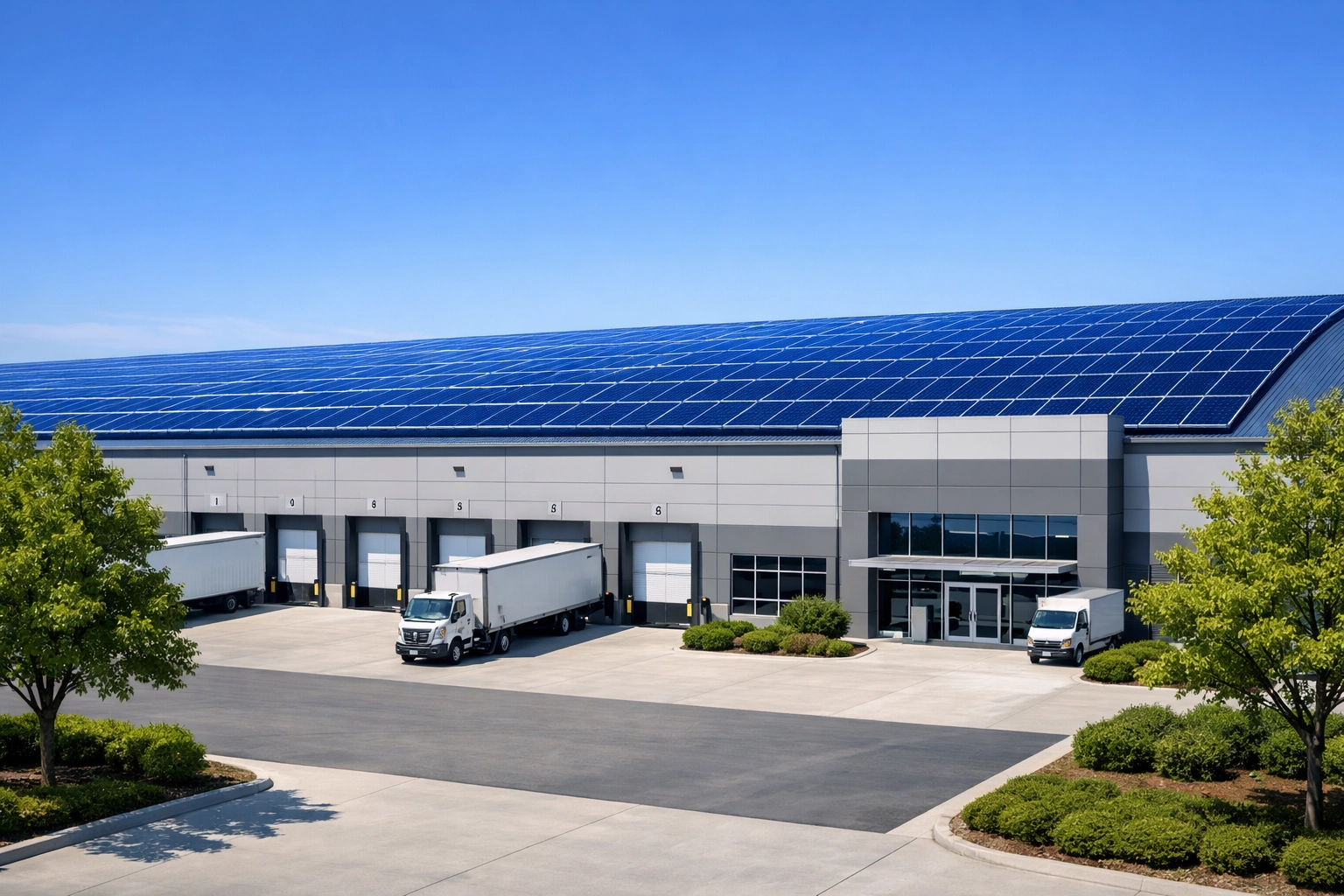 Modern commercial warehouse with a large rooftop solar panel installation for energy independence.