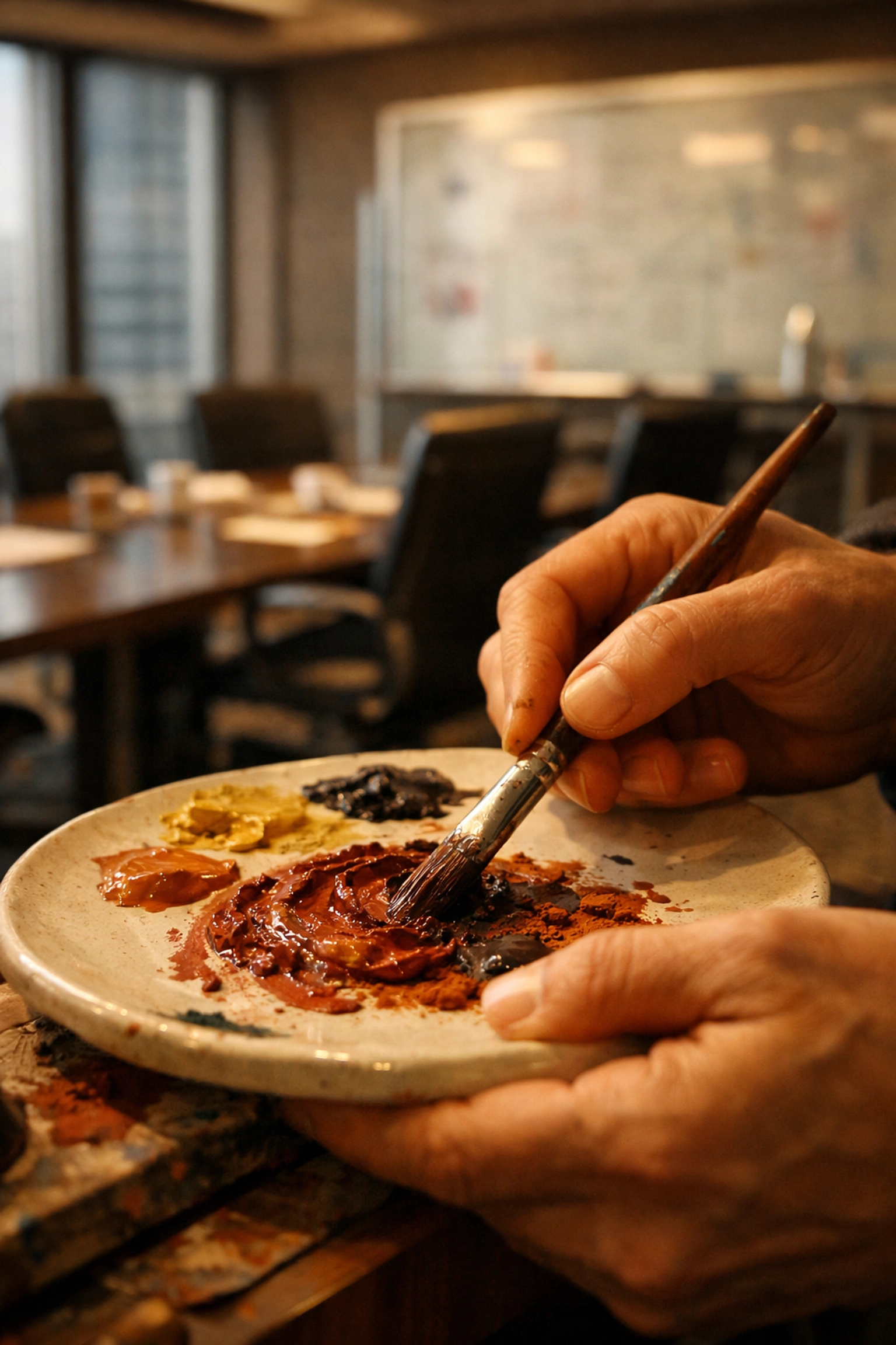 Close-up of hands mixing paint during a corporate team wellness workshop in a boardroom.