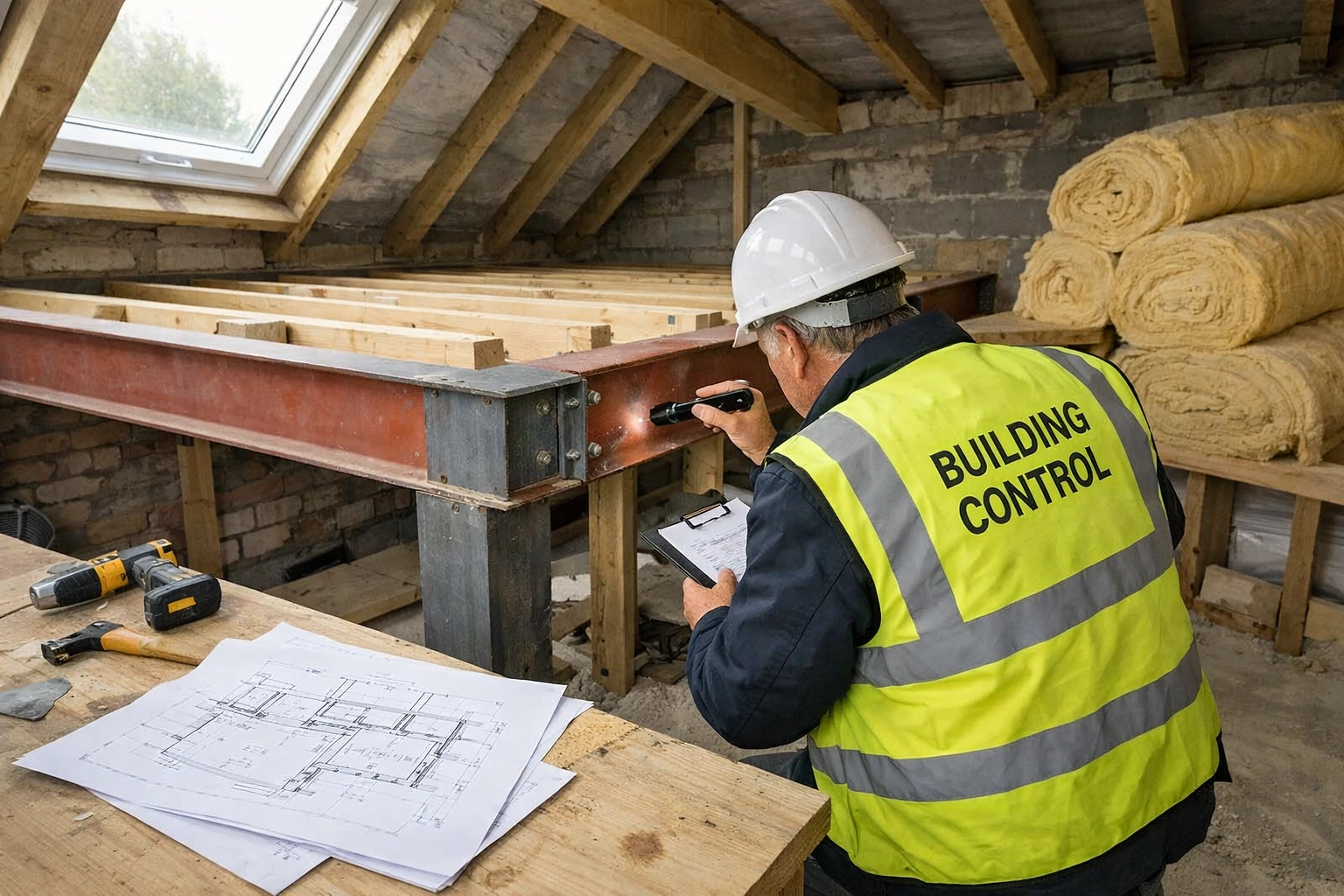 Building Control inspector examining structural steelwork during loft conversion inspection