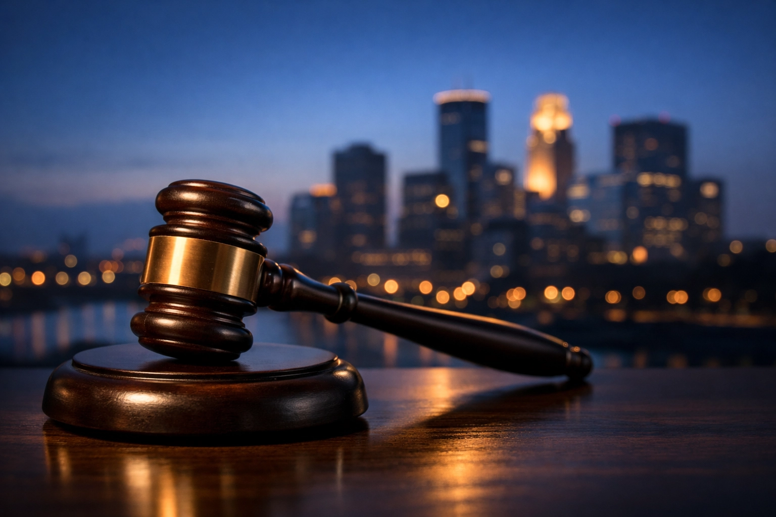 A judicial gavel and Minneapolis skyline representing the court's protective order for local refugees.