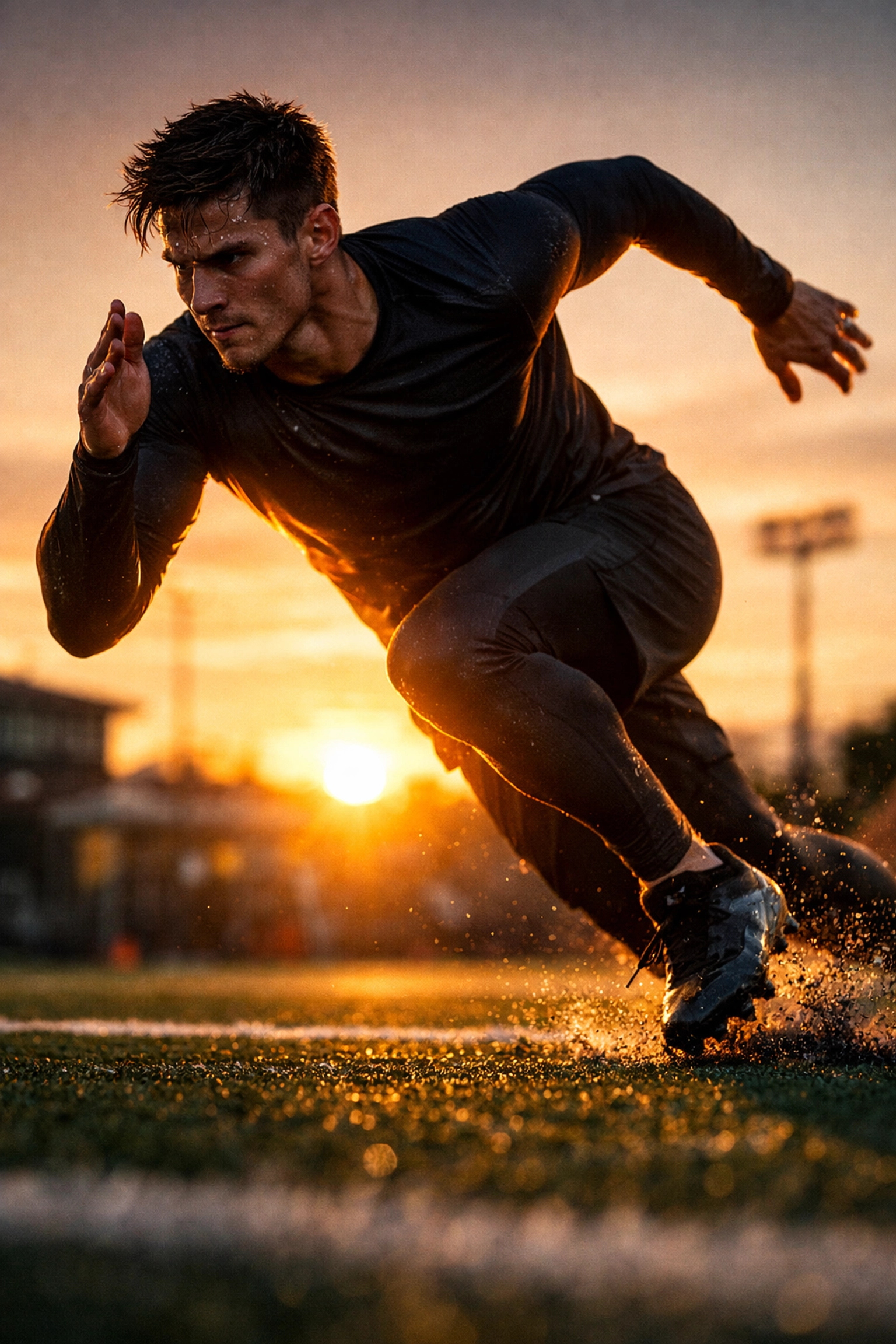 High-performance athlete training on a football field at sunset, capturing the realism required for modern branding.