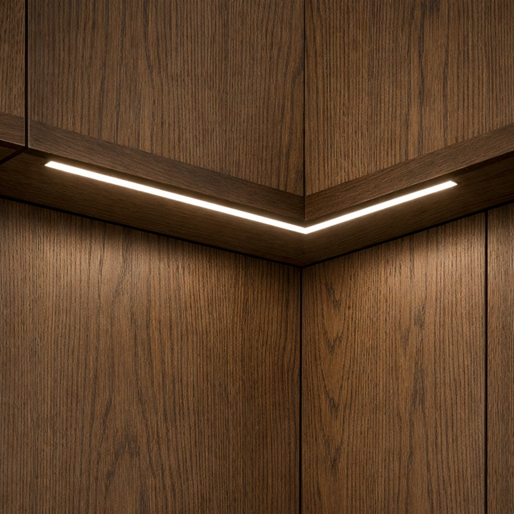 Éclairage LED linéaire intégré dans des armoires en bois sombre pour une cuisine de luxe.