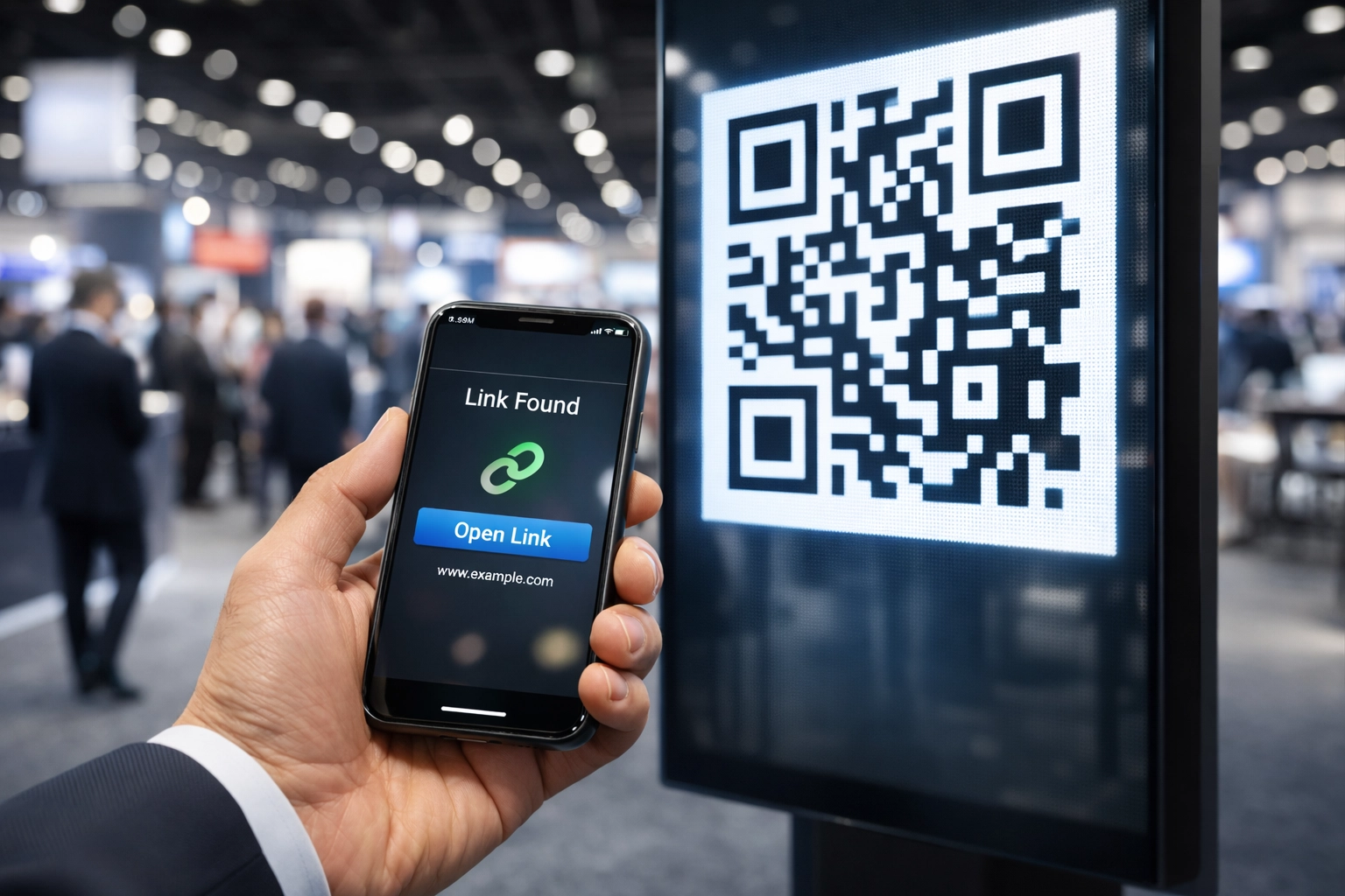Attendee scanning a QR code on a digital walking billboard for event engagement tracking.