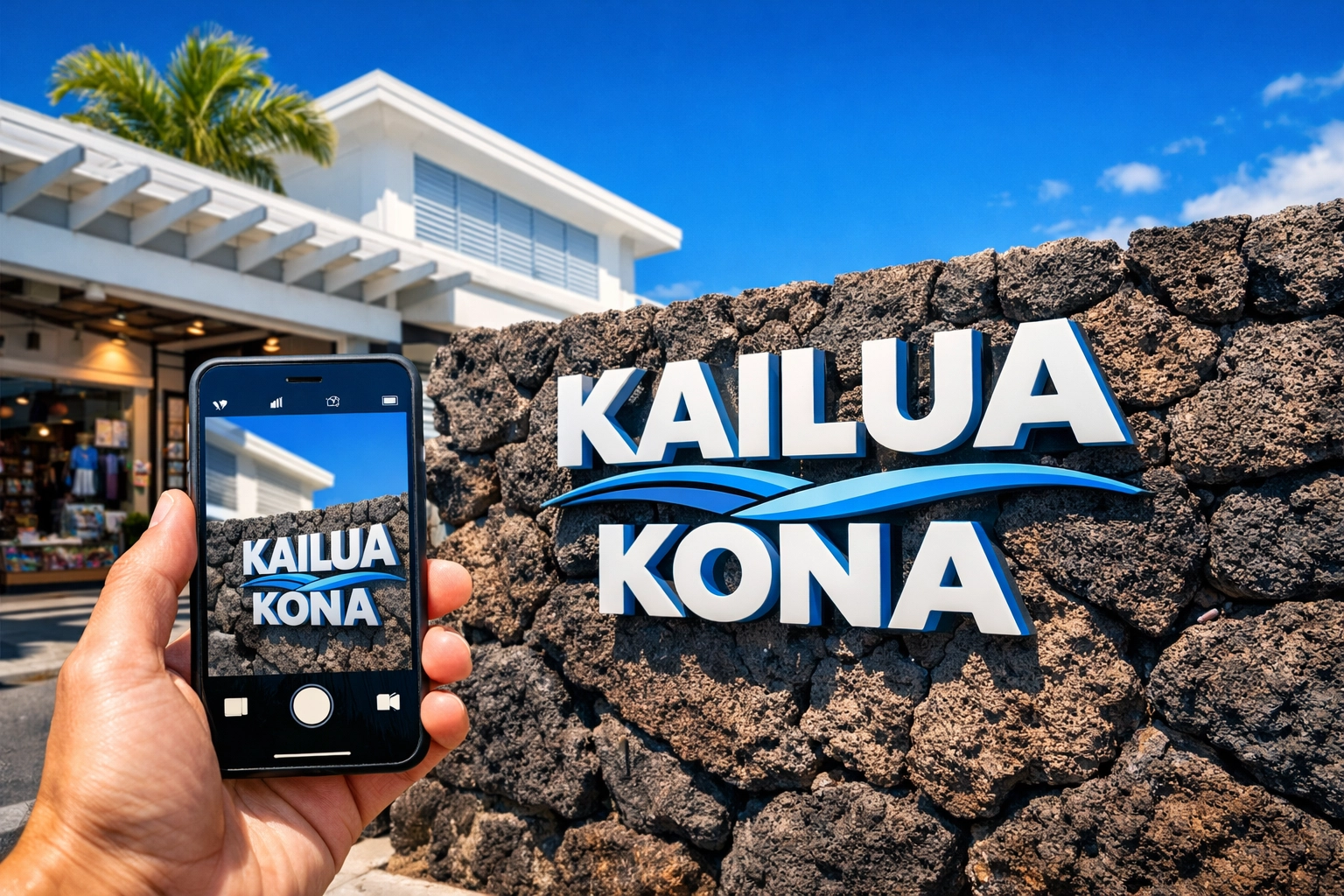 Customer photographing professional building signage in Kailua-Kona for a Google Business Profile.