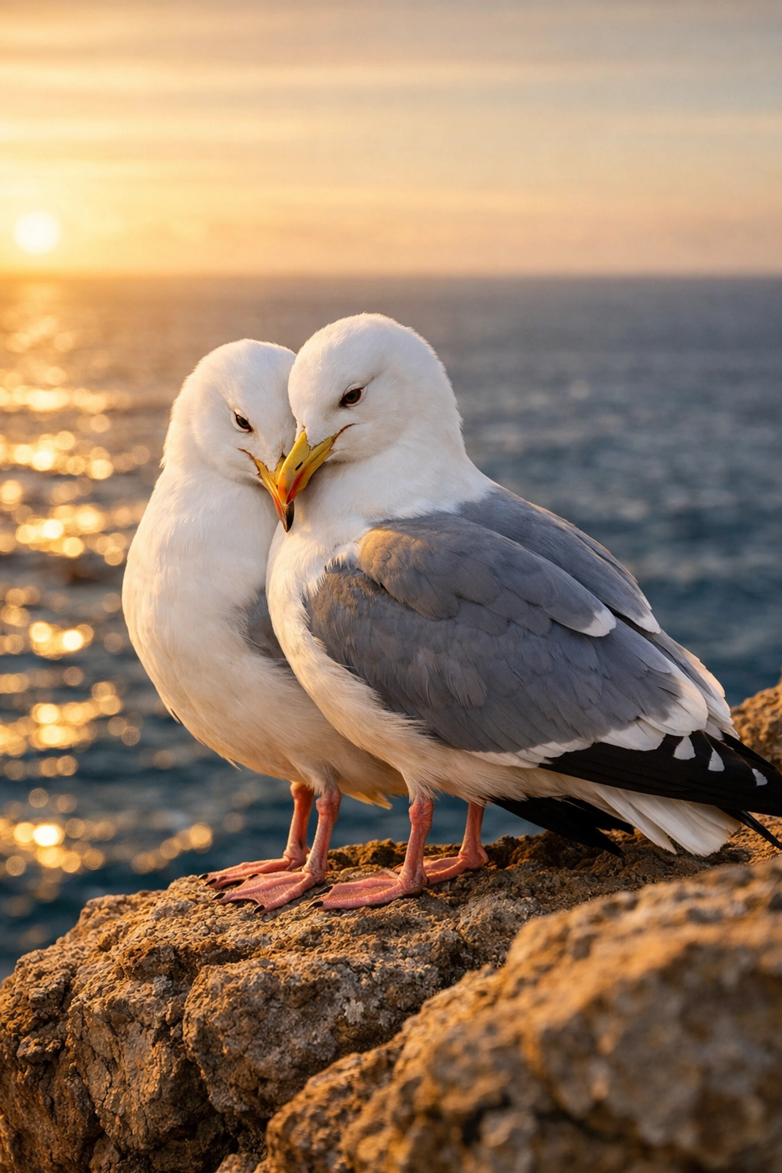 A pair of female gulls huddling together on a cliff, reflecting the chosen family trope in the wild.