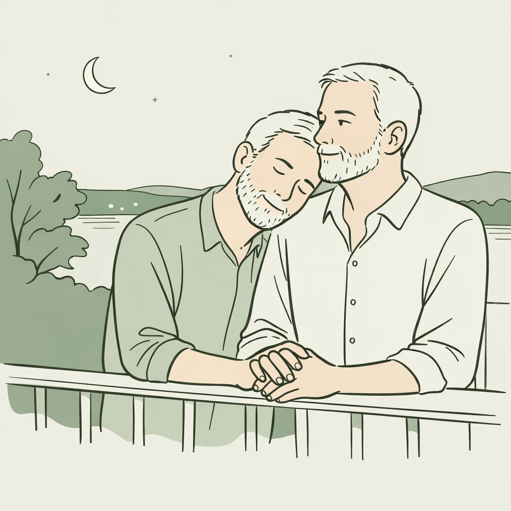 Mature MM couple sharing an intimate moment on a balcony, representing the relief of coming out later in life.
