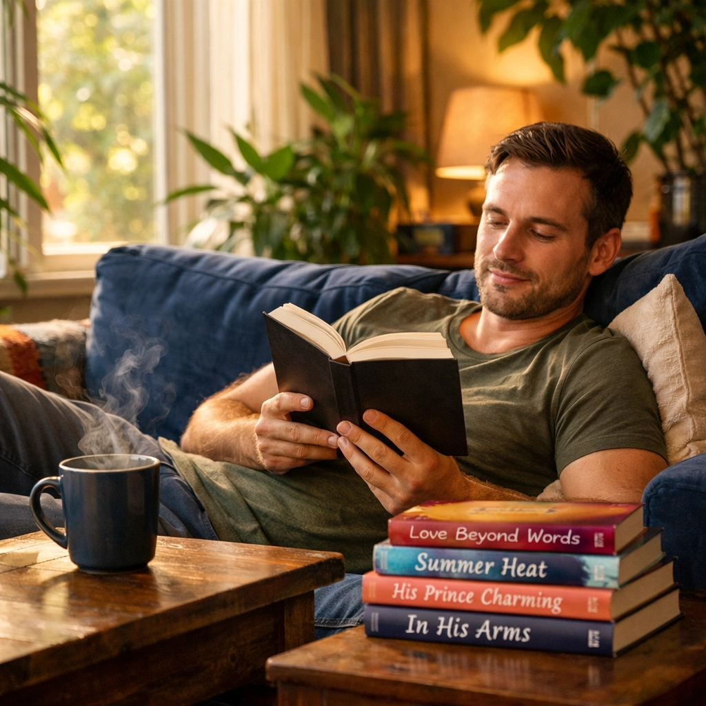 A man reading MM romance books in a cozy living room, illustrating the comfort of queer fiction.