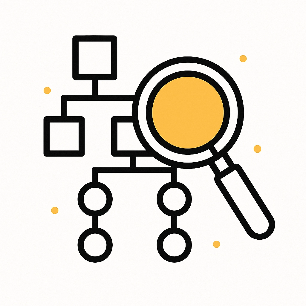 A flowchart with connected squares and circles is overlaid by a large magnifying glass. Black lines, yellow accents on a white background.
