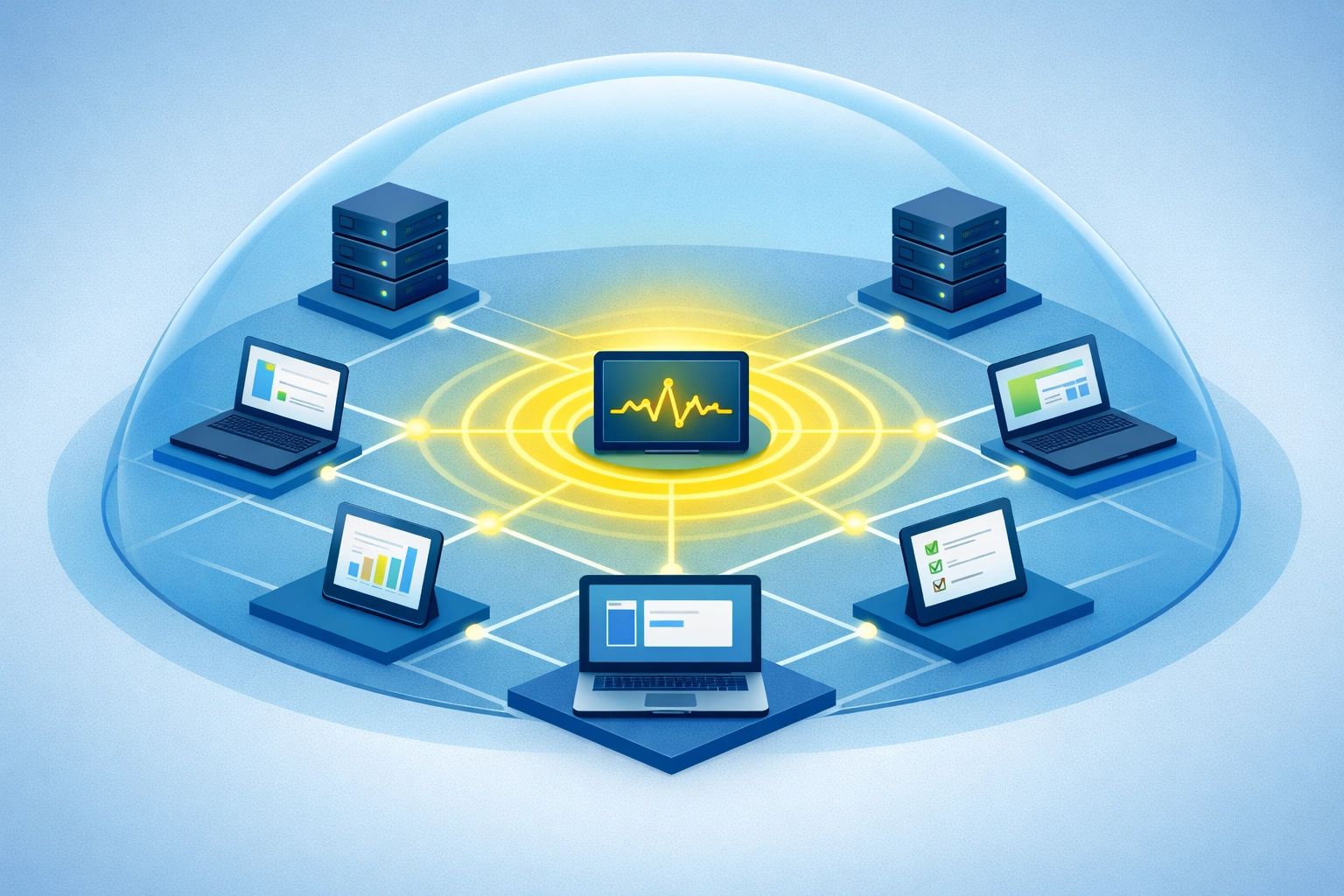 Proactive IT support showing 24/7 network monitoring and security for business technology devices.