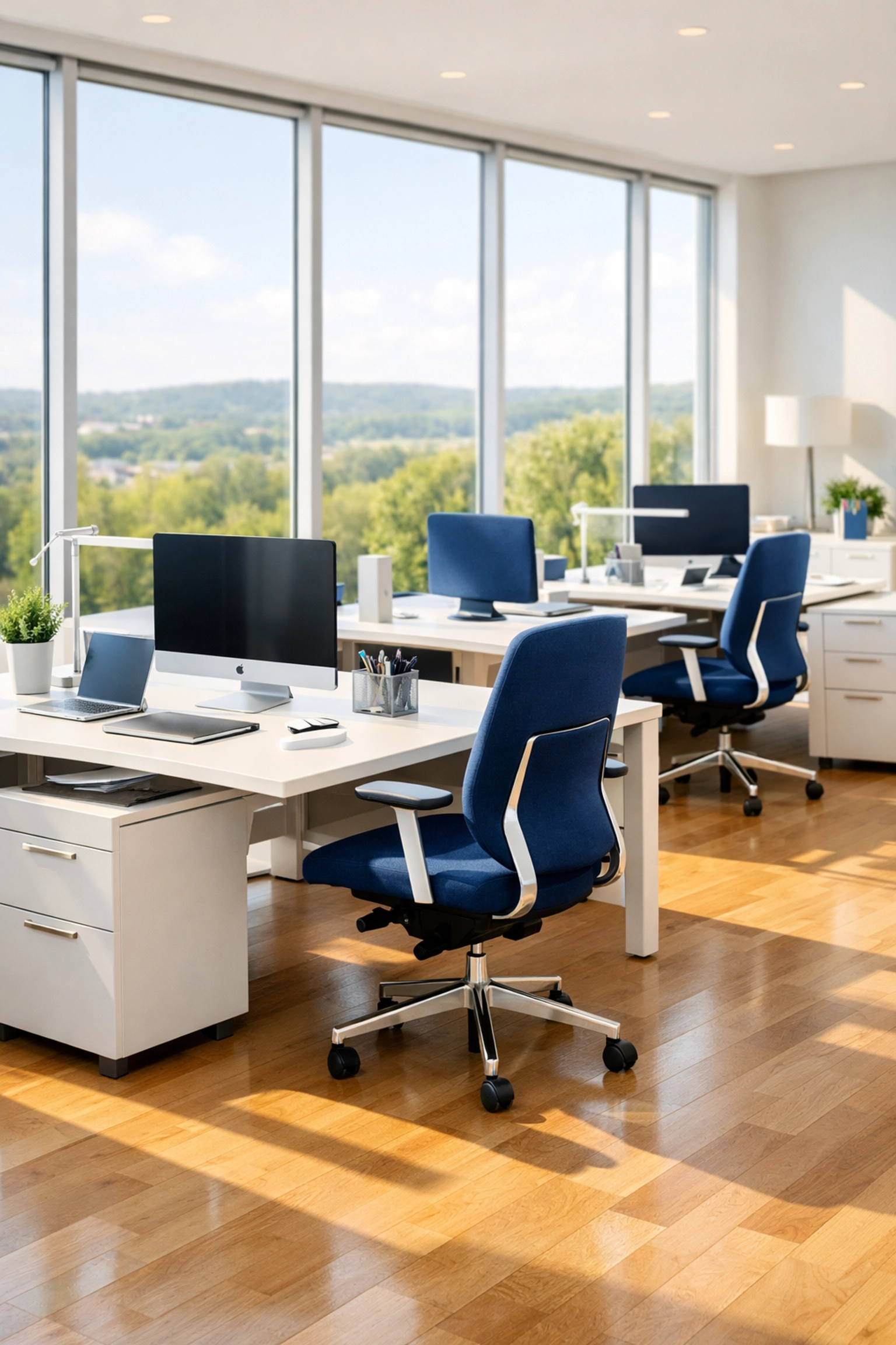 Clean and organized office cleaning in Burlington workspace with modern white desks and blue chairs.