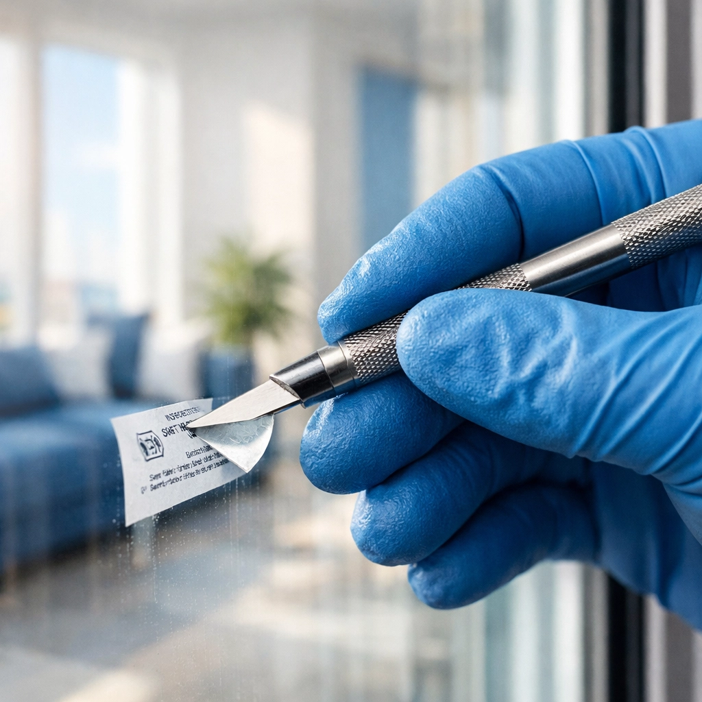 Detailed removal of construction stickers from floor-to-ceiling windows by a professional cleaning expert.