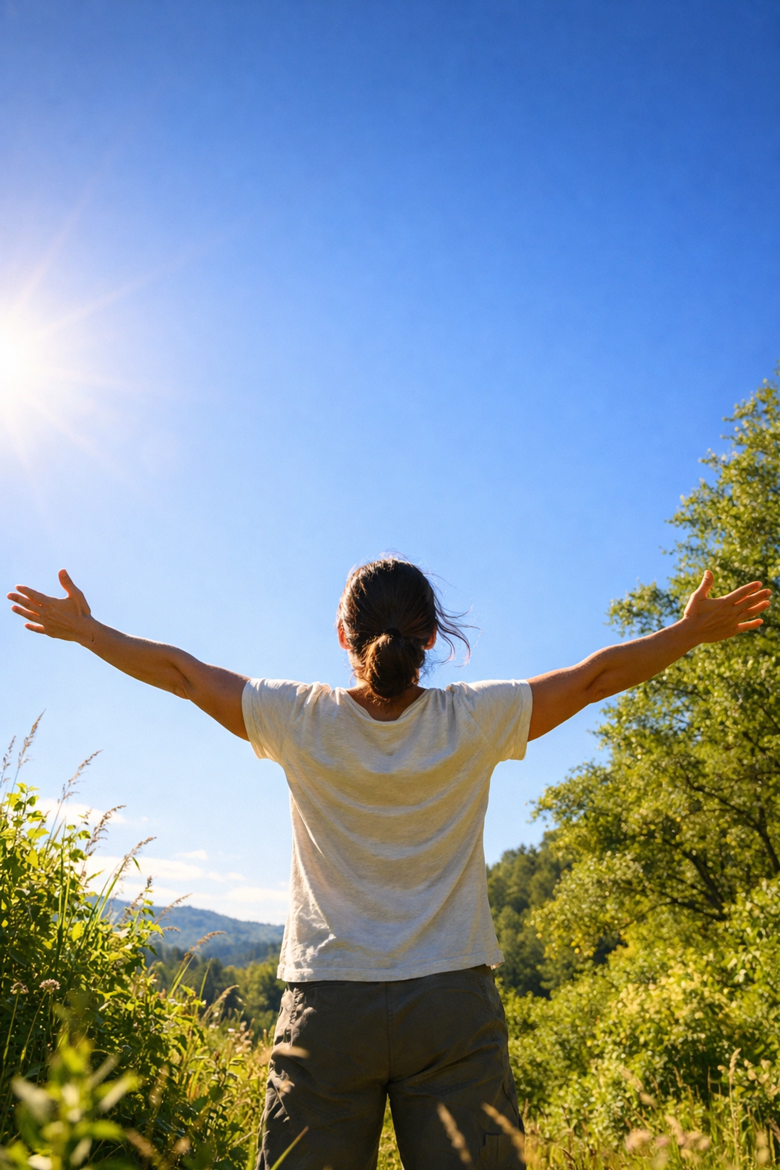 Person embracing natural health outdoors, celebrating a toxic-free lifestyle with healing clay.
