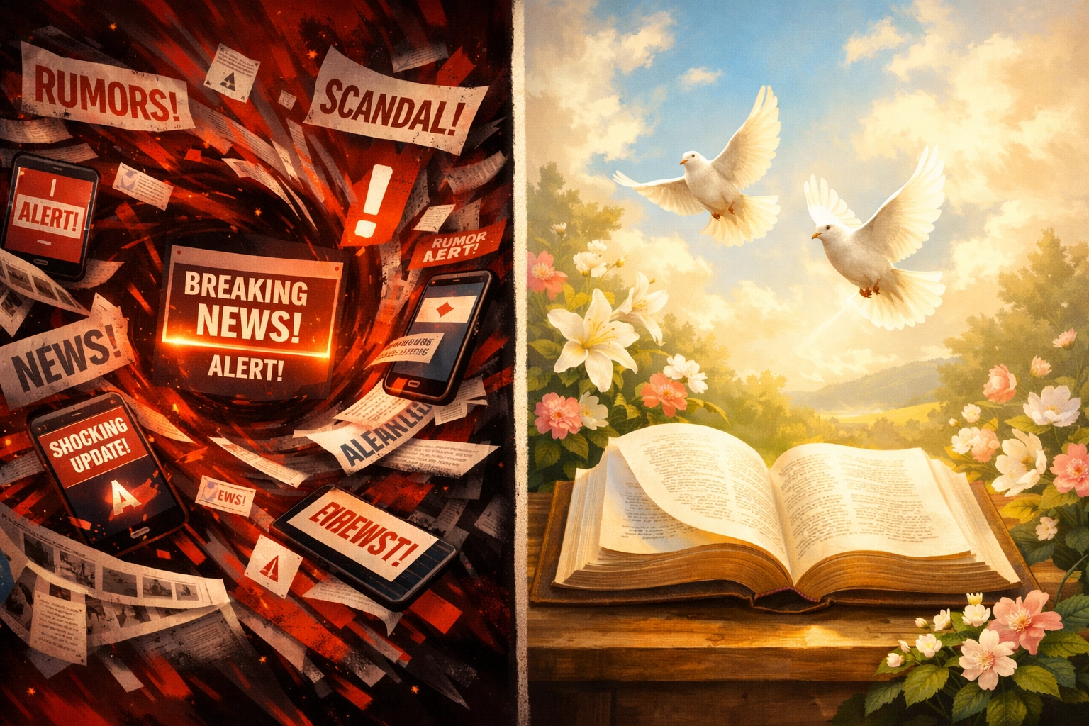 Contrast between chaotic news alerts and peaceful open Bible with light and doves