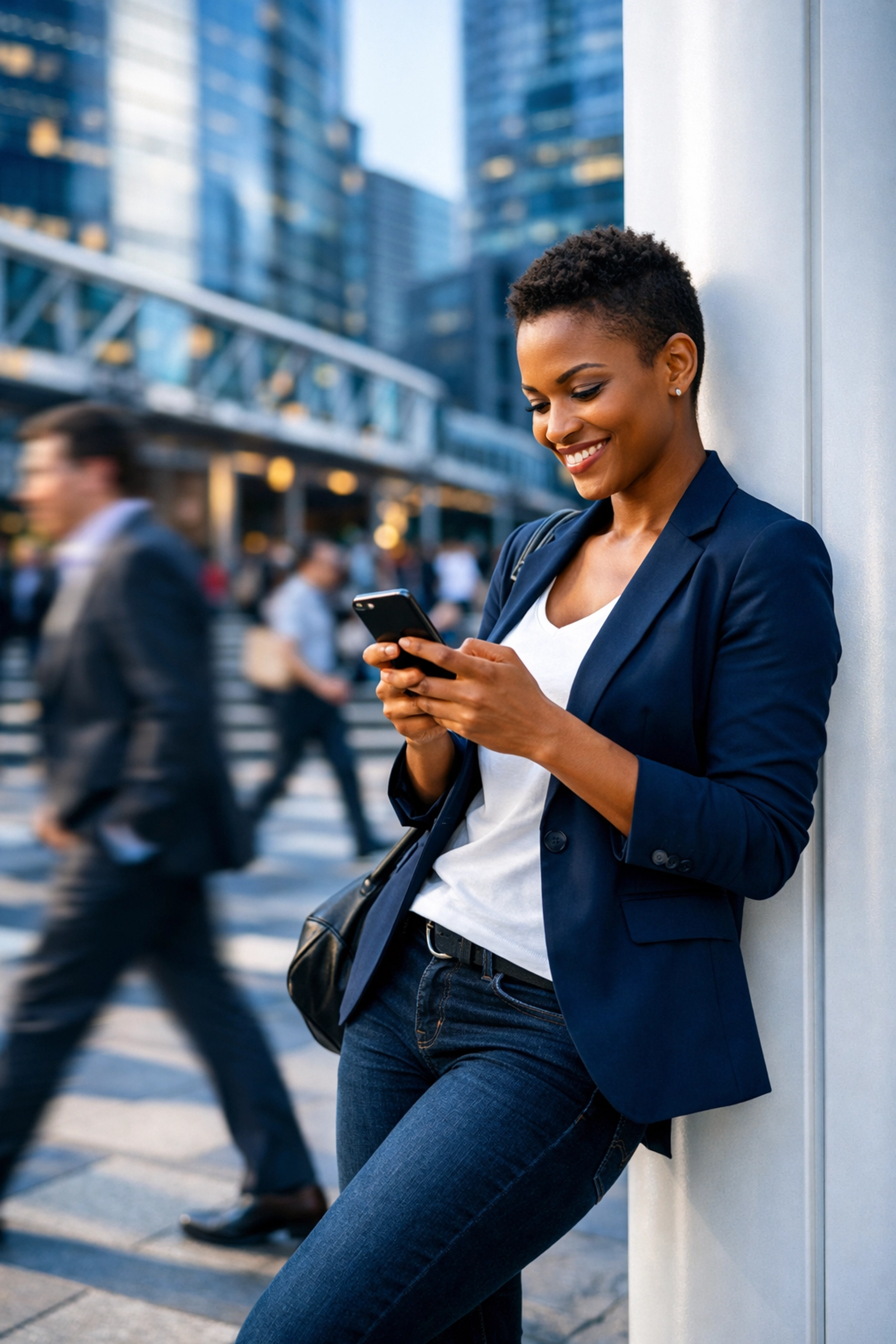 Professional student using a mobile real estate course to study on the go in a city plaza.