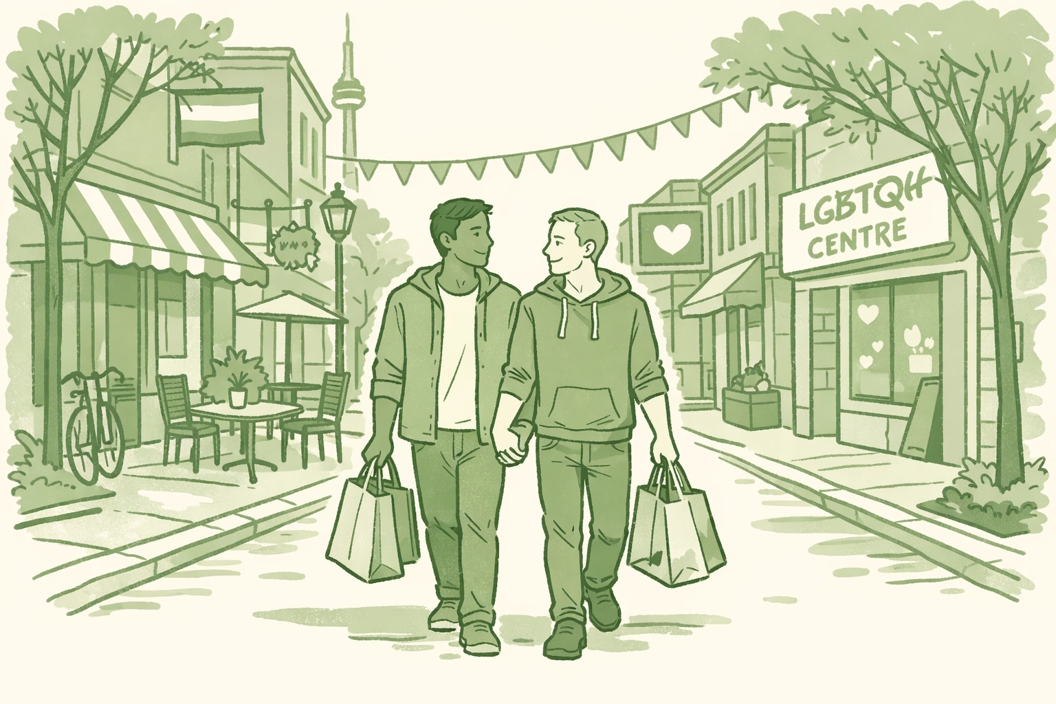 Gay couple walking hand-in-hand through Toronto neighborhood integrating into LGBTQ+ community