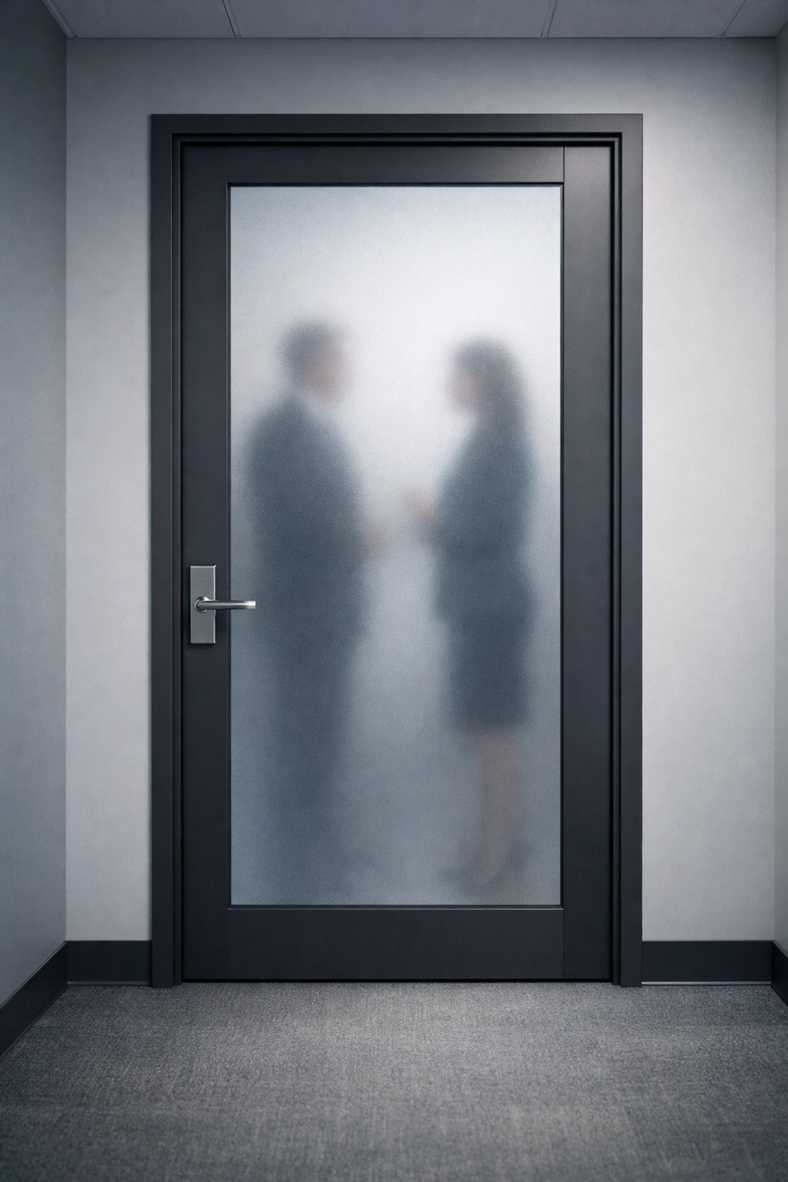Confidential business meeting behind closed door protecting sale negotiations
