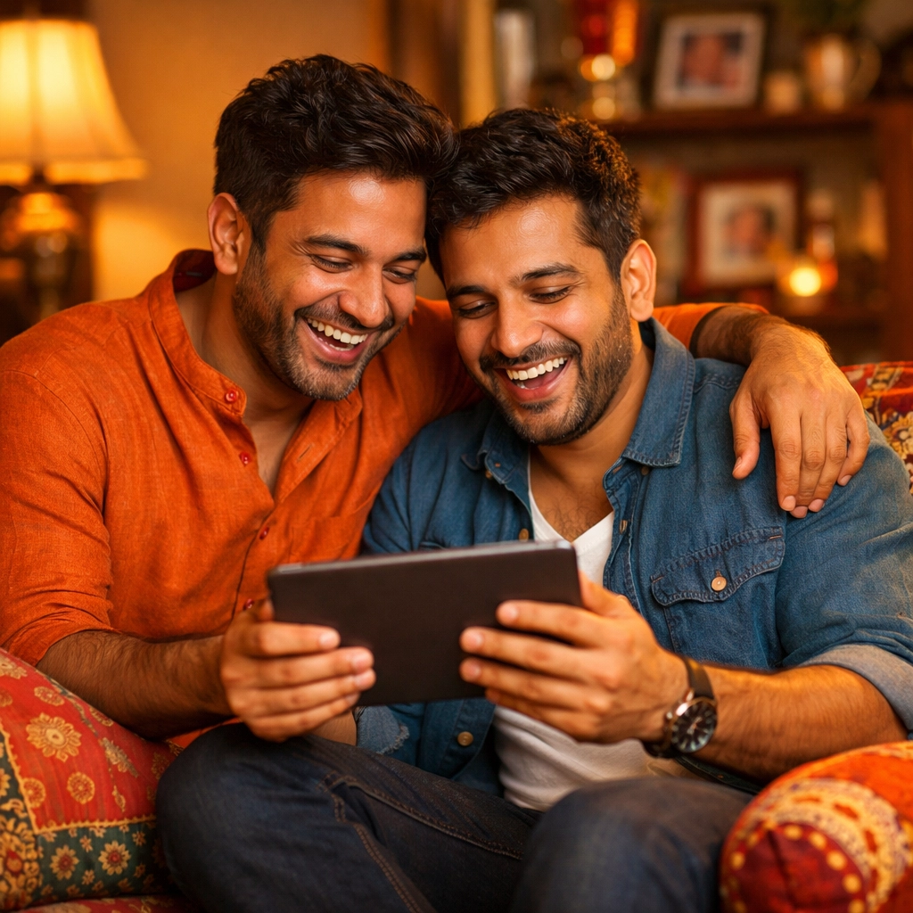 Indian gay couple watching digital content together at home
