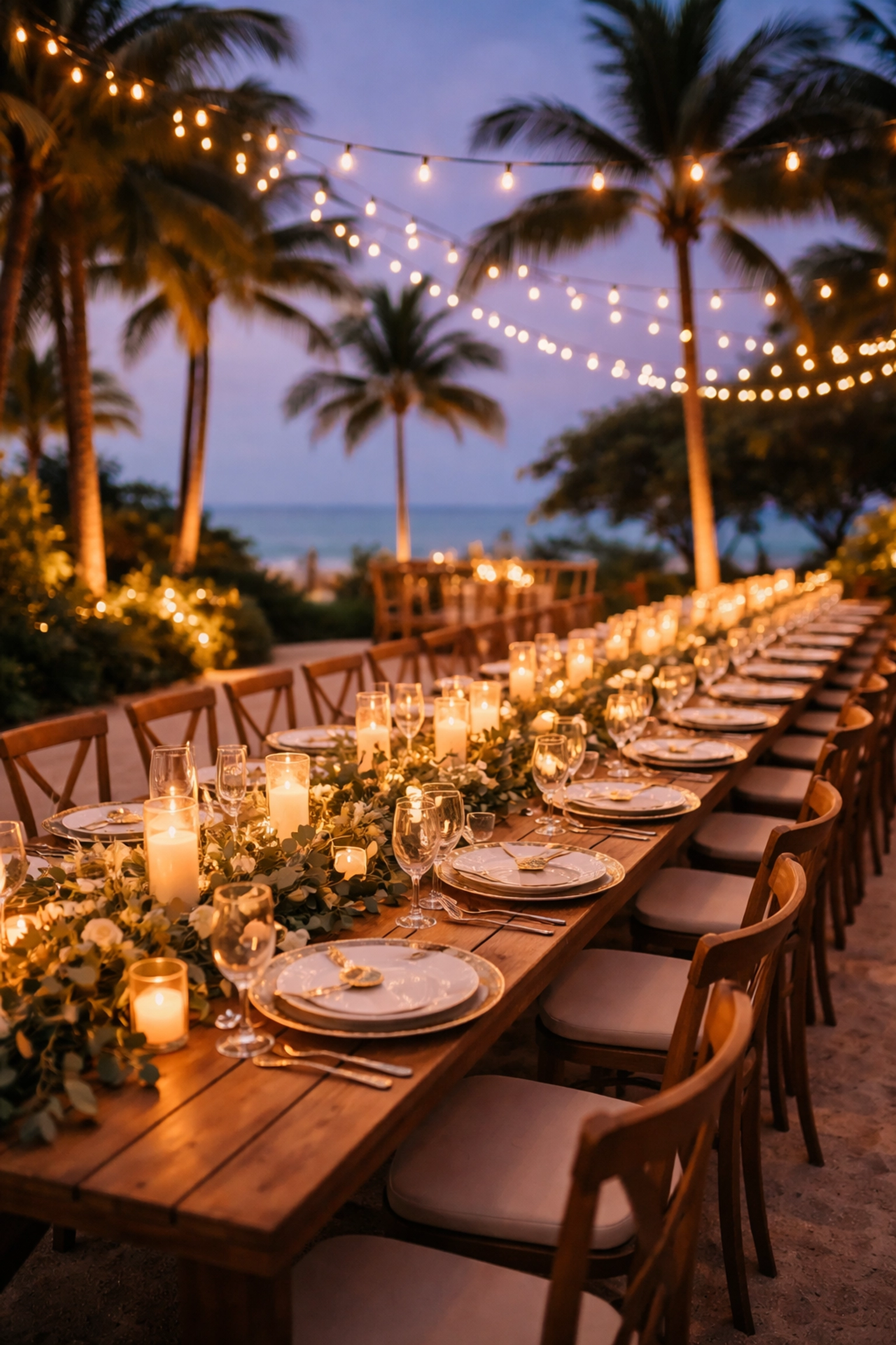 Elegant outdoor rehearsal dinner table with candles, greenery, and string lights at a tropical wedding resort