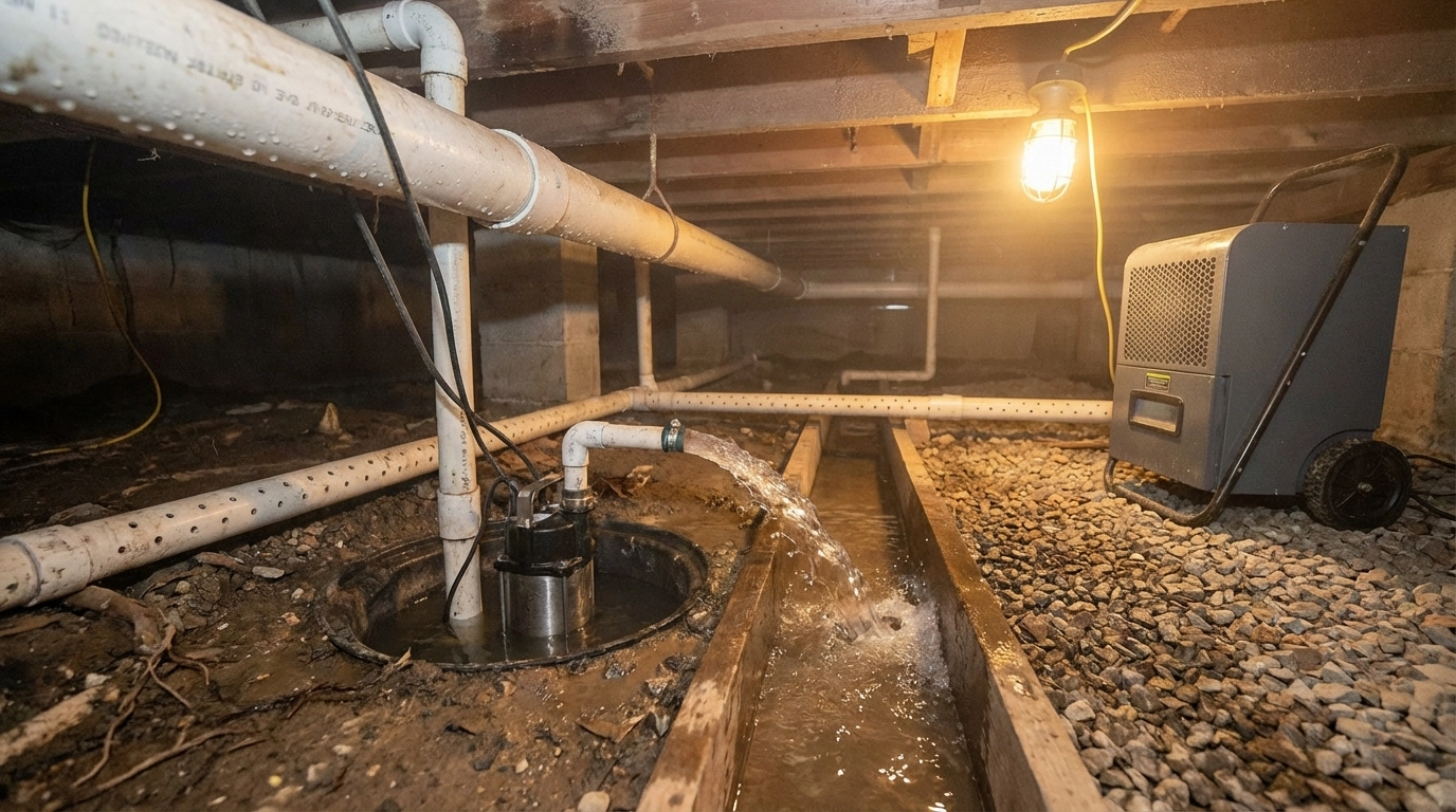 Professional water damage assessment in a Louisiana crawl space