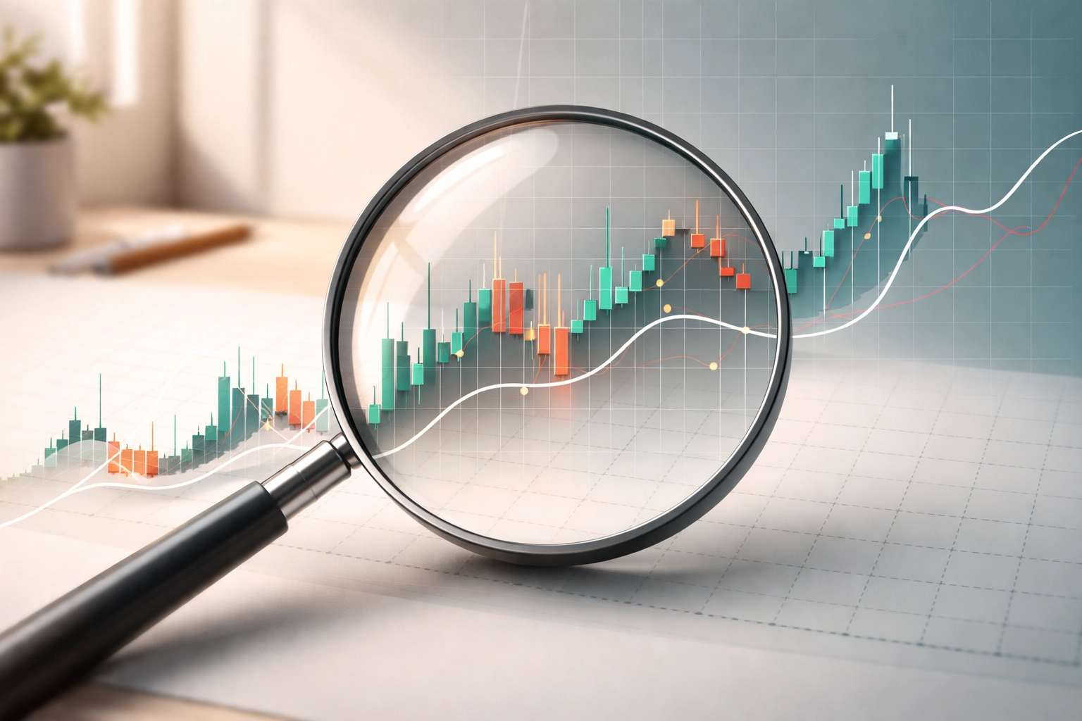 Magnifying glass highlighting individual stock data on a market chart, illustrating security-level tax-loss harvesting strategies.