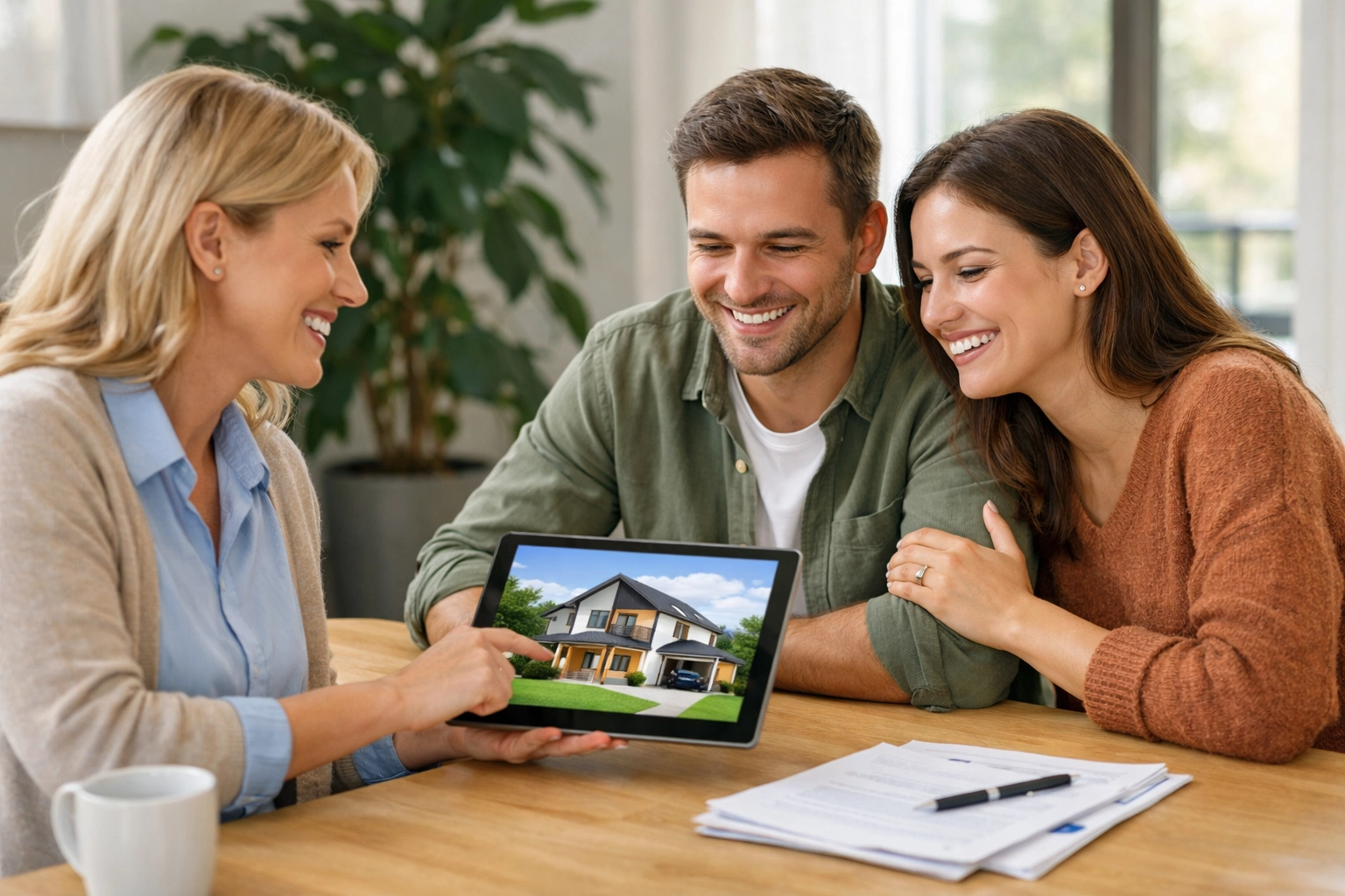 A couple meeting with a mortgage advisor to discuss home buying options and a decision in principle.