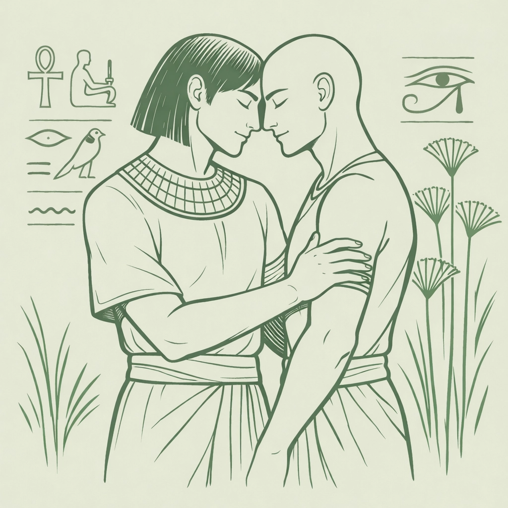 Two men in ancient Egyptian dress embrace tenderly amid hieroglyphics, illustrating historical MM romance