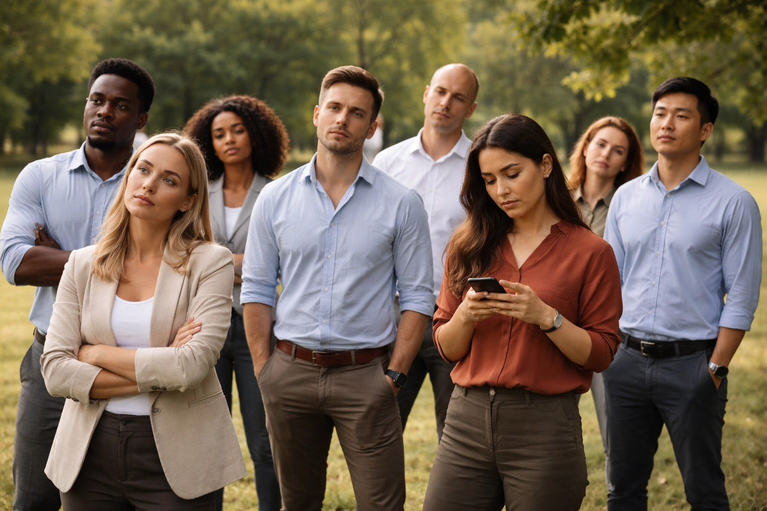 Office team looking bored at a traditional corporate event outdoors before discovering bike rental services
