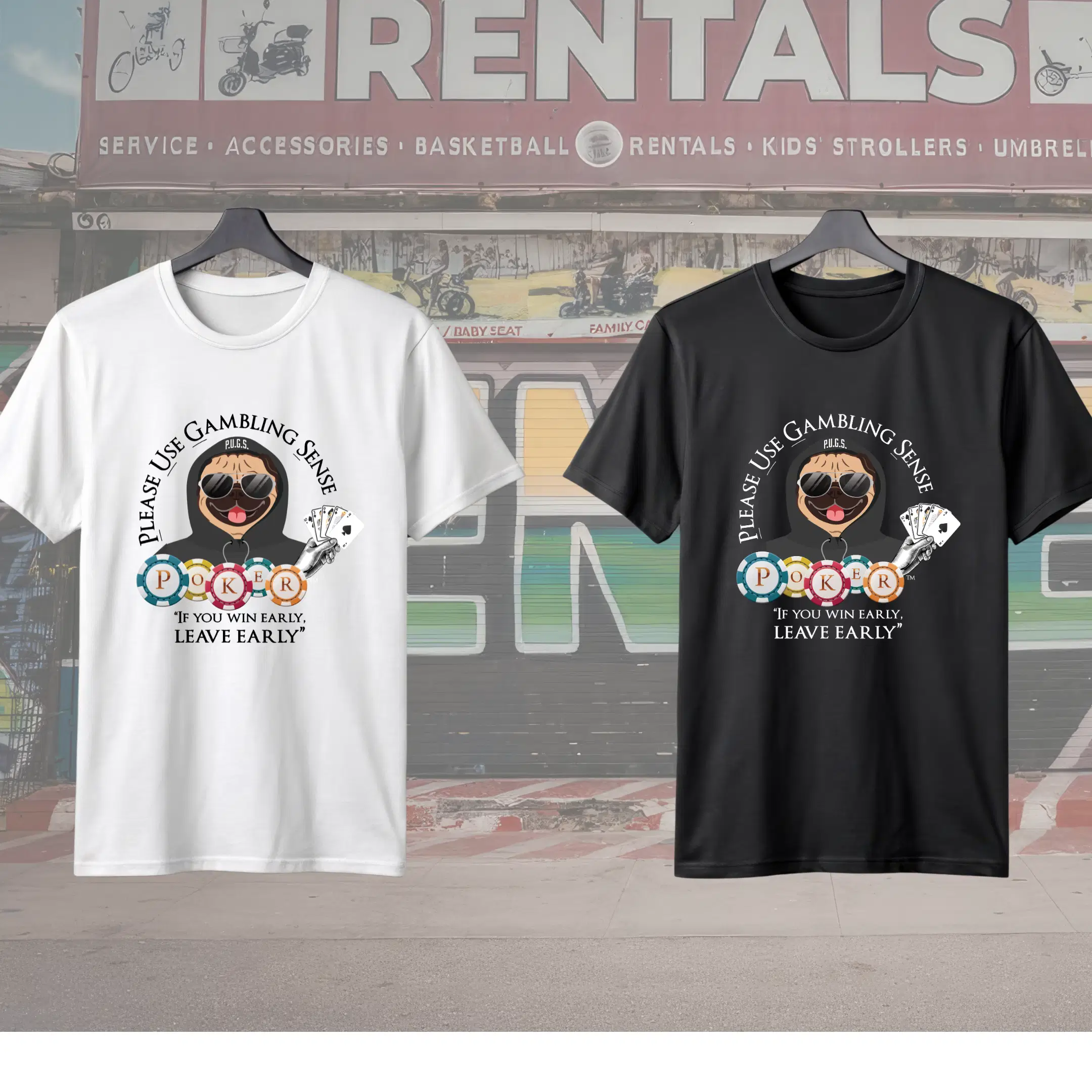PUGS poker sense tee graphic in white and black
