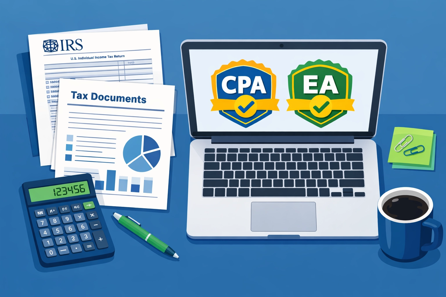 Professional tax preparer credentials and IRS certifications displayed on desk