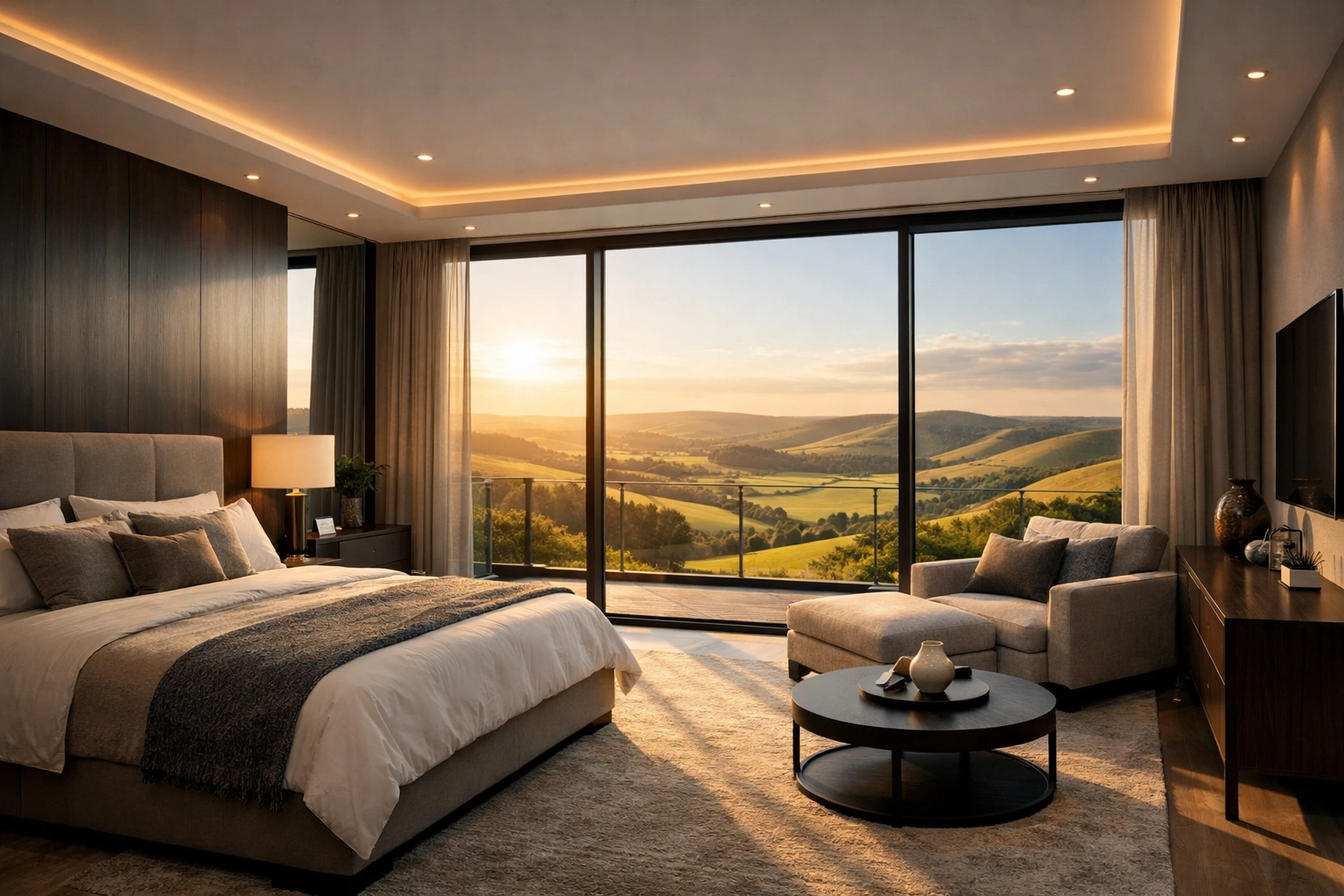 New second-floor master suite with large windows overlooking the South Downs in a Sussex bungalow conversion.