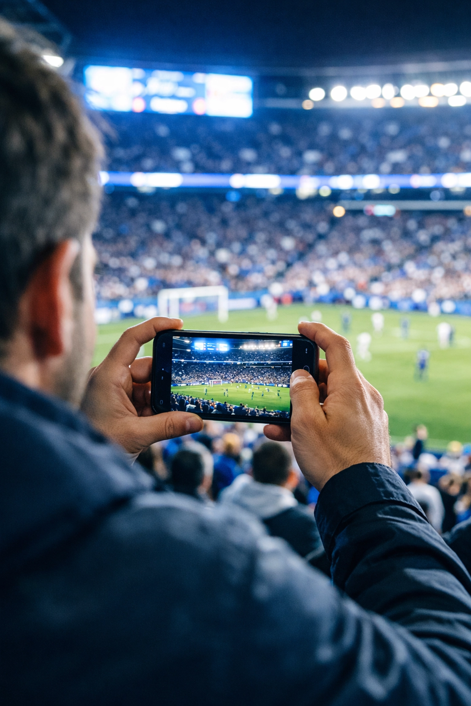 Fan using a smartphone at a stadium to capture photo activations for digital sponsorship engagement.