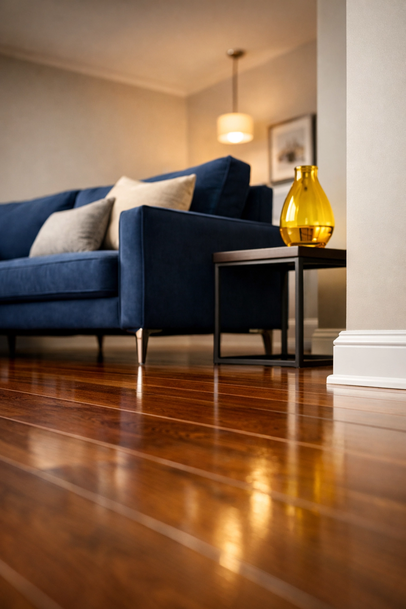 Spotless hardwood floors and clean baseboards in a professionally cleaned Fitchburg living room.