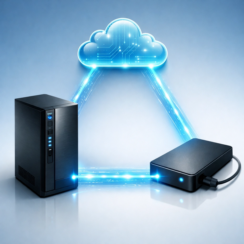 Local server, external drive, and cloud storage illustrating hybrid backup protection
