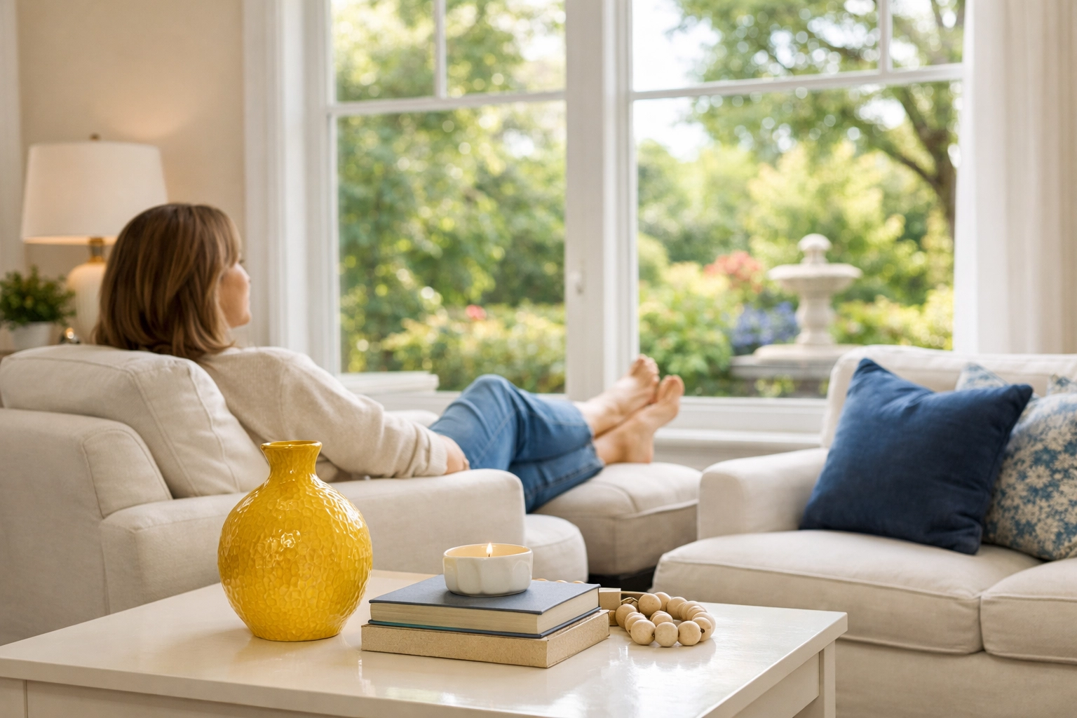 A happy homeowner relaxing in a spotless living room after expert house cleaning Framingham MA.